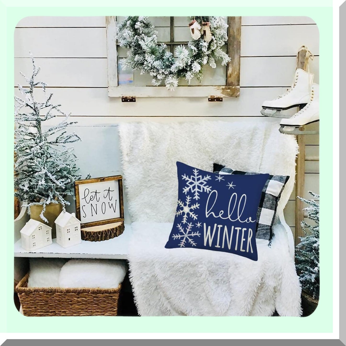 Winter Wonderland Snowflake Farmhouse Pillow Cover - Blue & White 18x18 Decorative Cushion Case for Home Sofa Couch. Perfect Winter Holiday Decor!