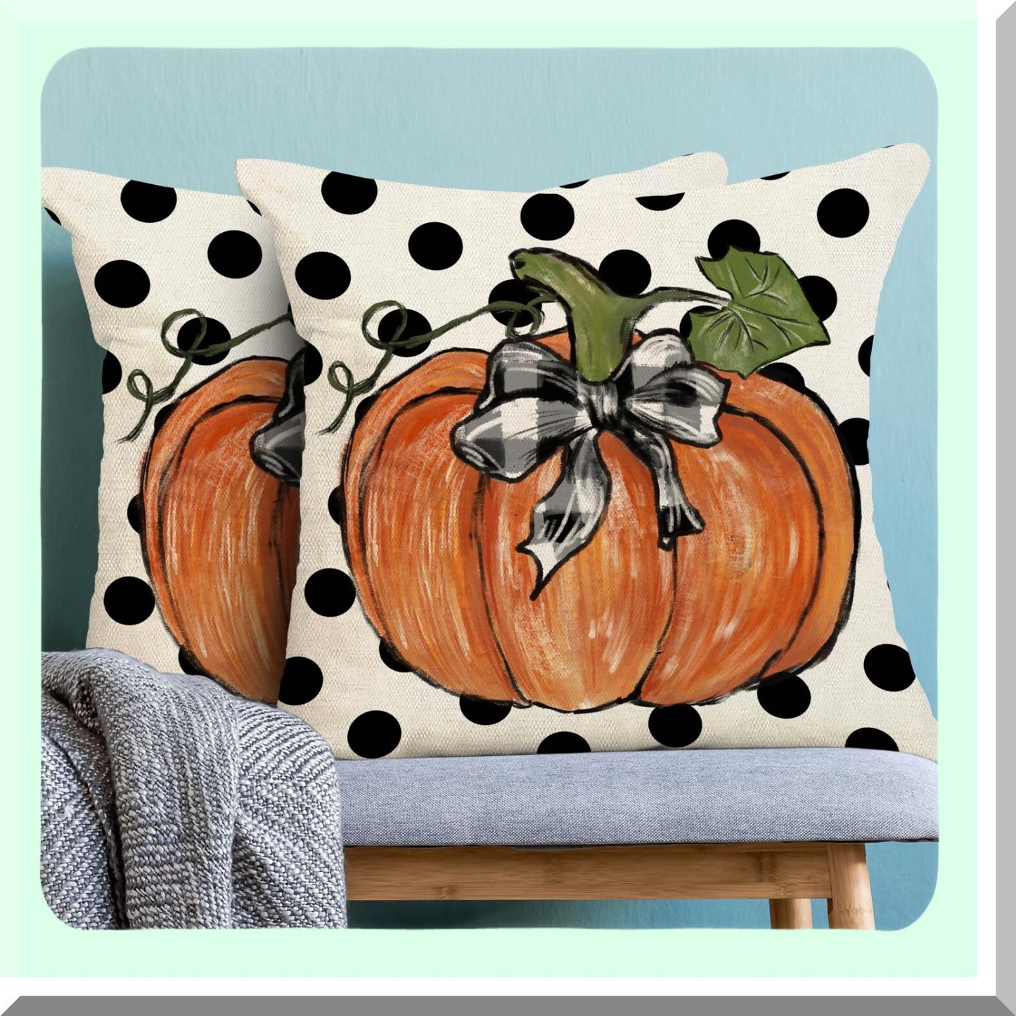 Autumn Harvest Polka Dot Pillow Covers - Set of 2, Orange Pumpkin Pattern Throw Pillows - Linen Decorative Cushion Covers for Fall Thanksgiving Decor