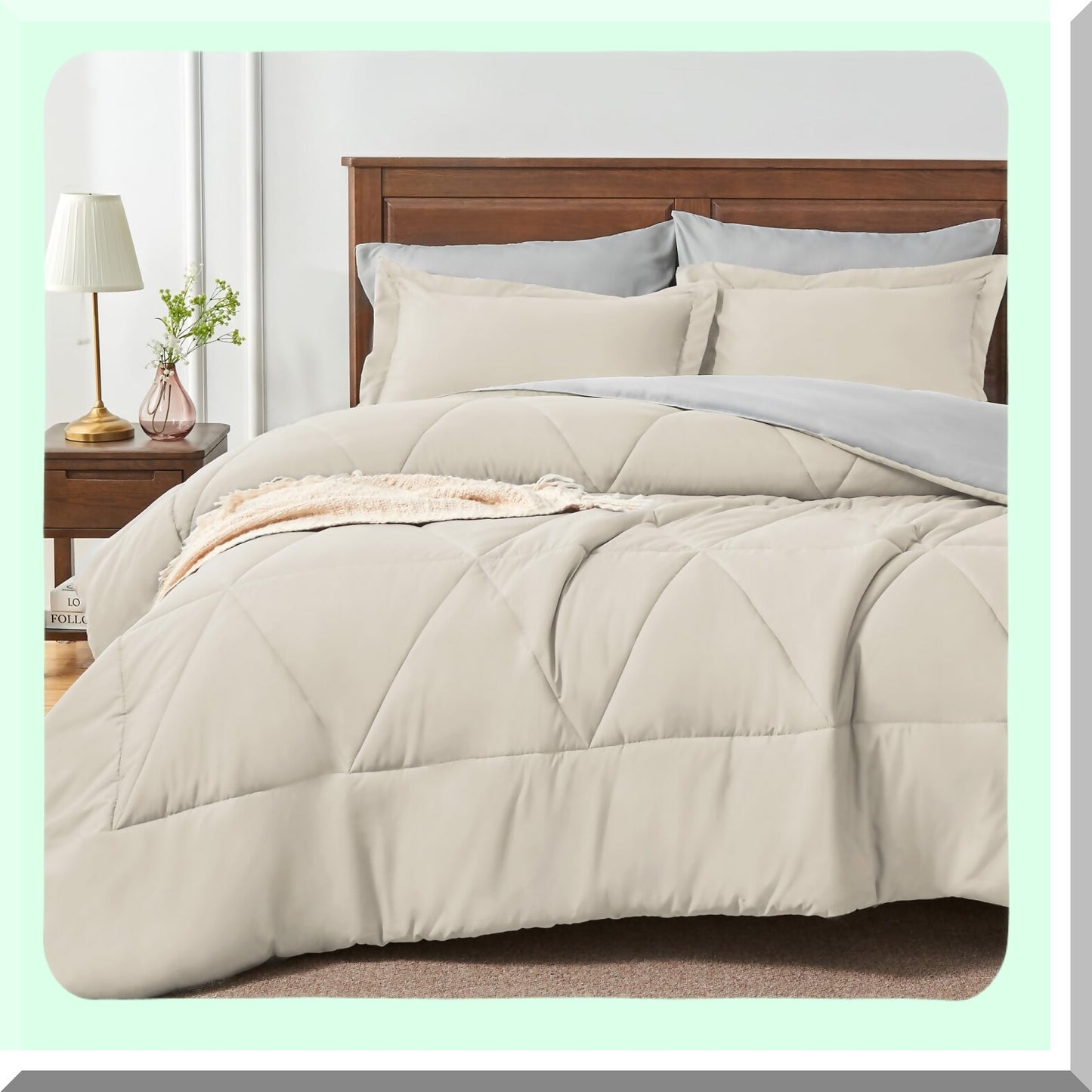 Luxury Comfort Twin XL Bedding Set - 5 Piece Soft Microfiber Reversible Beige Bed in A Bag - Cozy All Season Comforter, Sheets, Pillowcase, Sham - Extra Long Twin Bed Set