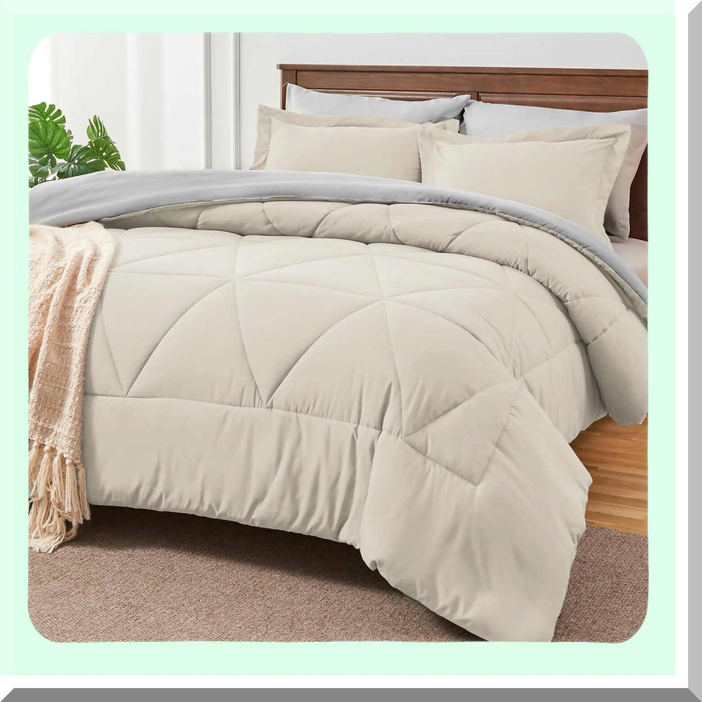 Luxury Comfort Twin XL Bedding Set - 5 Piece Soft Microfiber Reversible Beige Bed in A Bag - Cozy All Season Comforter, Sheets, Pillowcase, Sham - Extra Long Twin Bed Set