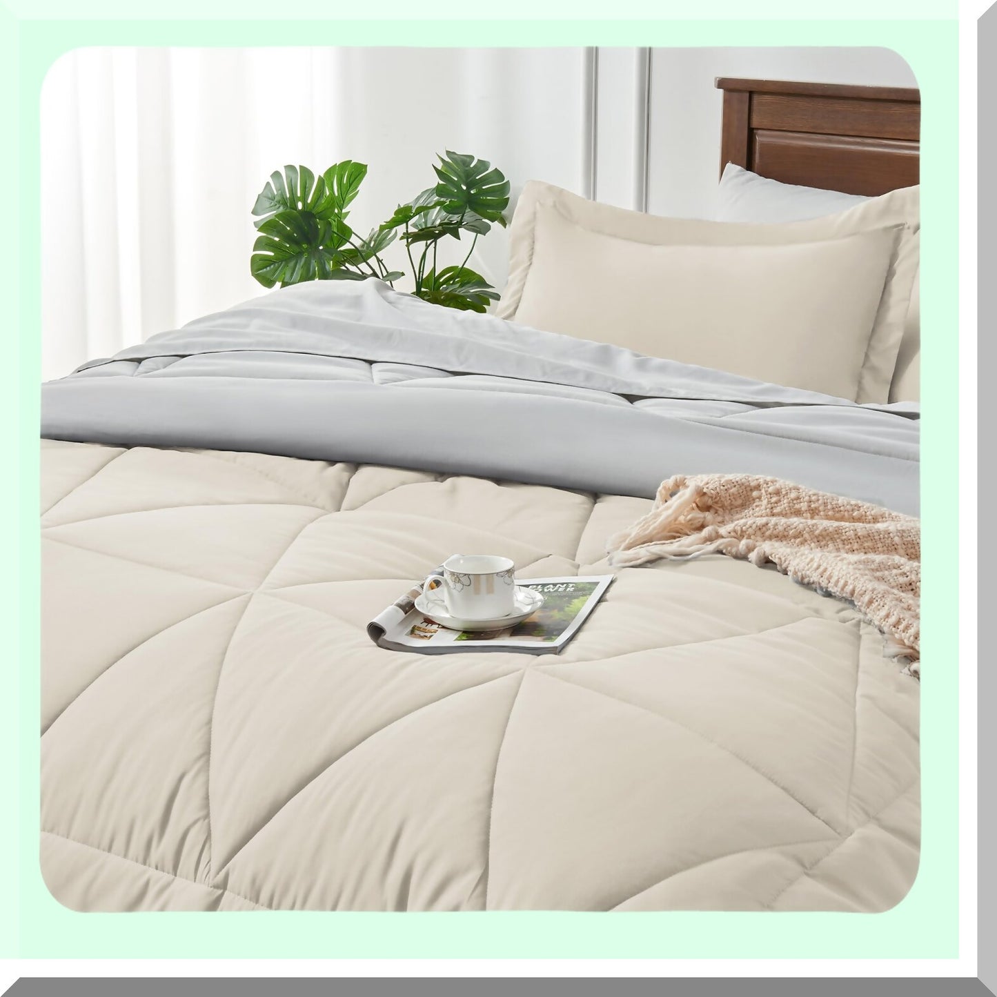 Luxury Comfort Twin XL Bedding Set - 5 Piece Soft Microfiber Reversible Beige Bed in A Bag - Cozy All Season Comforter, Sheets, Pillowcase, Sham - Extra Long Twin Bed Set