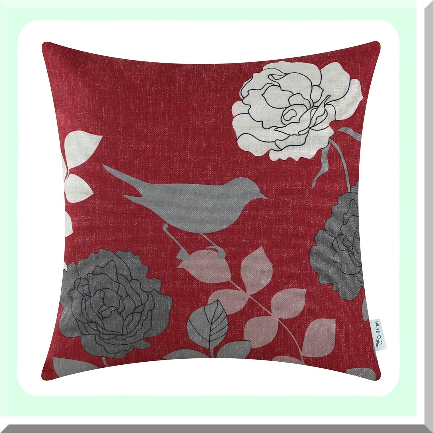 Floral Bird Silhouette Decorative Pillow Cover - 18x18 Inches - Burgundy & Grey - Couch Sofa Home Decoration - Cartoon Shadow Design
