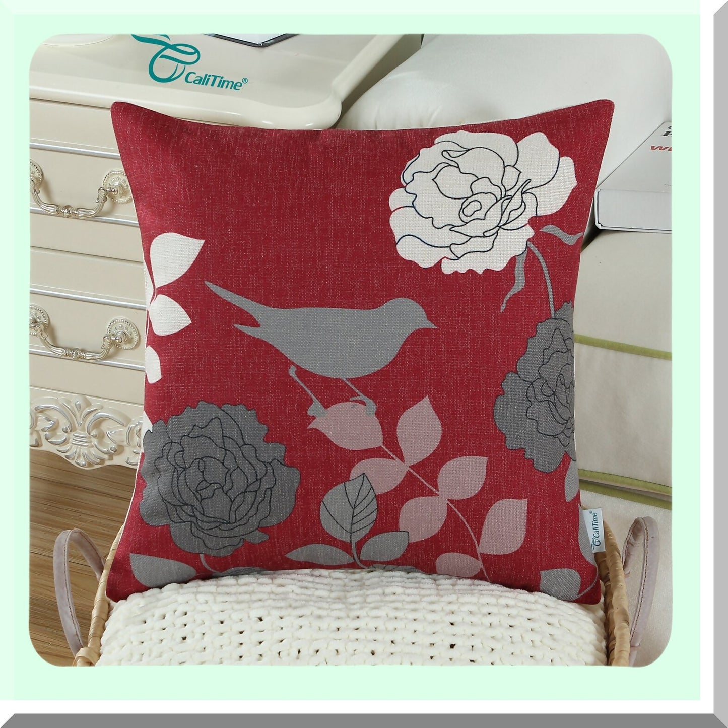 Floral Bird Silhouette Decorative Pillow Cover - 18x18 Inches - Burgundy & Grey - Couch Sofa Home Decoration - Cartoon Shadow Design