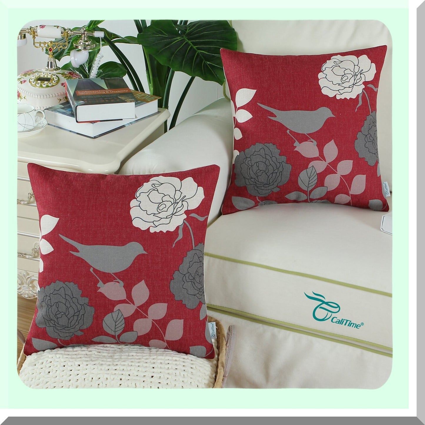 Floral Bird Silhouette Decorative Pillow Cover - 18x18 Inches - Burgundy & Grey - Couch Sofa Home Decoration - Cartoon Shadow Design