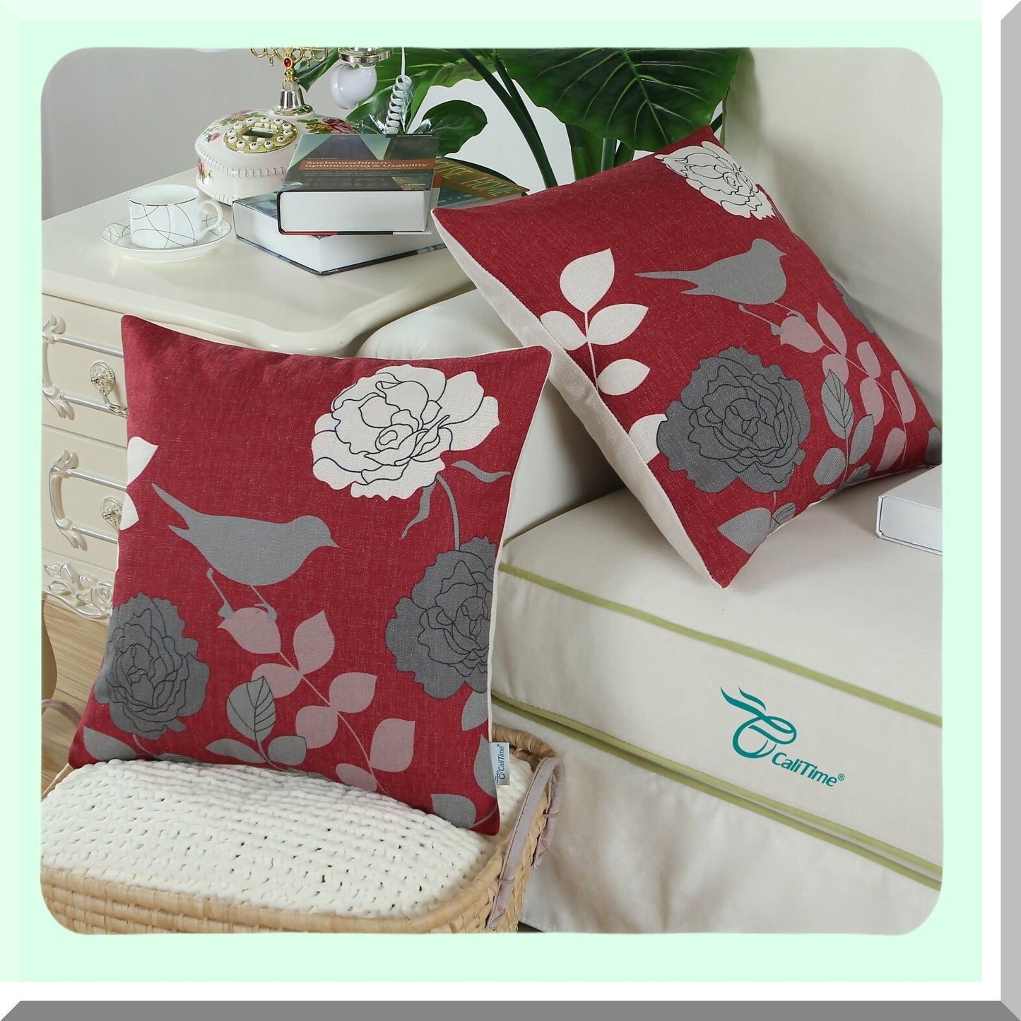 Floral Bird Silhouette Decorative Pillow Cover - 18x18 Inches - Burgundy & Grey - Couch Sofa Home Decoration - Cartoon Shadow Design