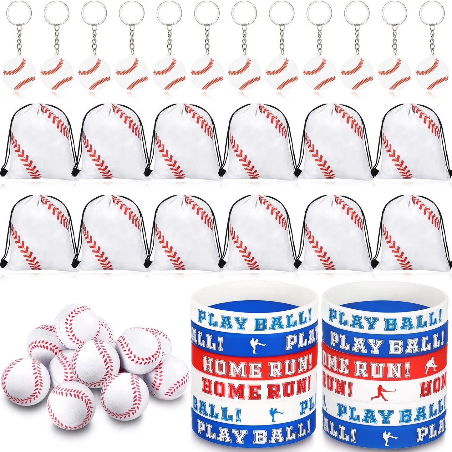 Sports Party Pack - 48 Piece Set with Bracelets, Drawstring Bags, Stress Balls, and Keychains. Perfect for Basketball, Soccer, Football, and Baseball themed birthdays!