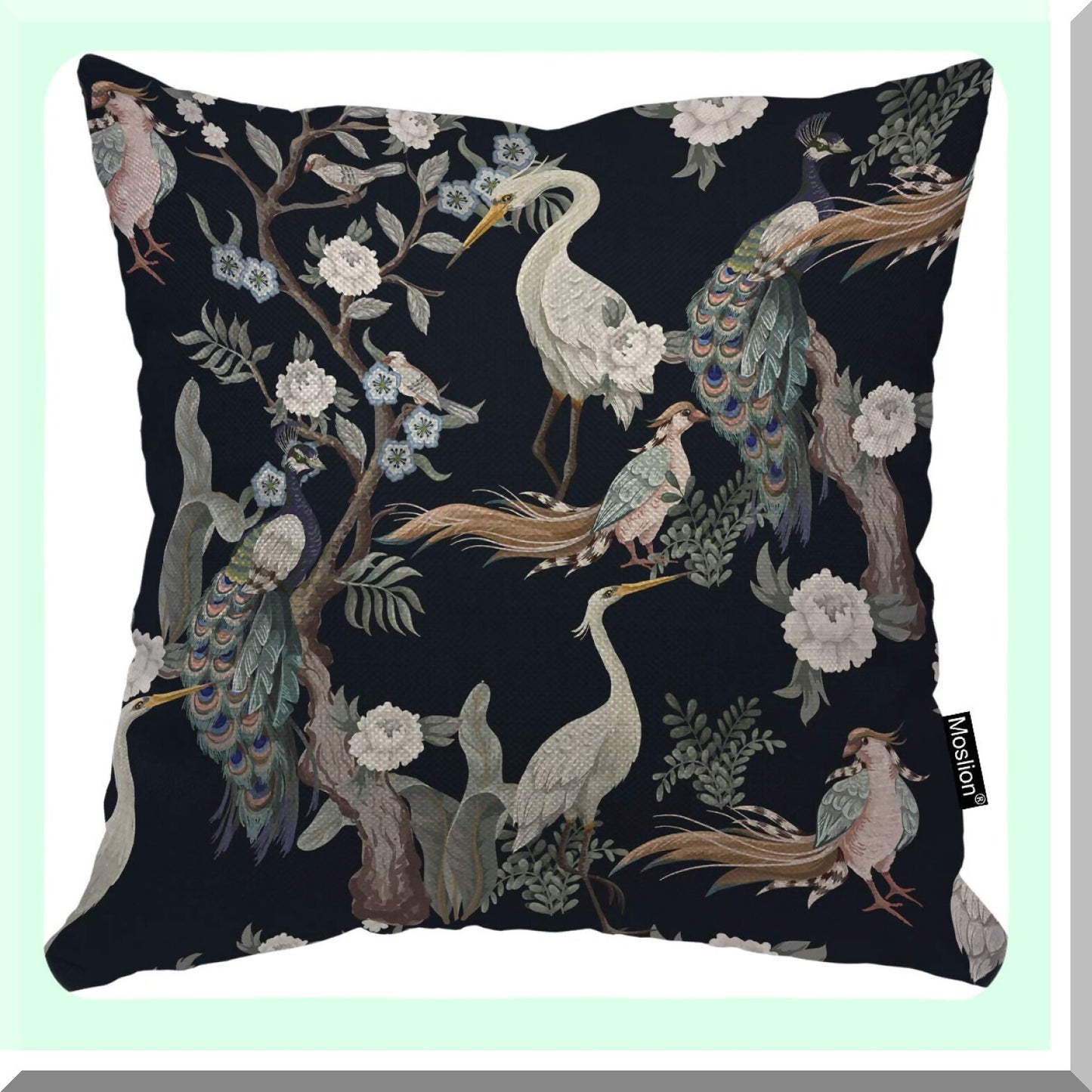 Birds Herons Peacock Flowers Peonies Animal Art Vintage Design Square Pillow Case - Cotton Linen 20x20 Inch - Home Car Decor Cushion Cover
