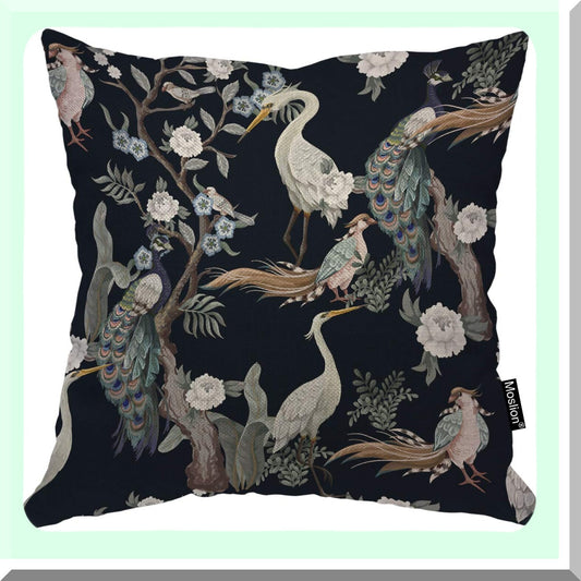 Birds Herons Peacock Flowers Pillow Cover 20x20 Inch