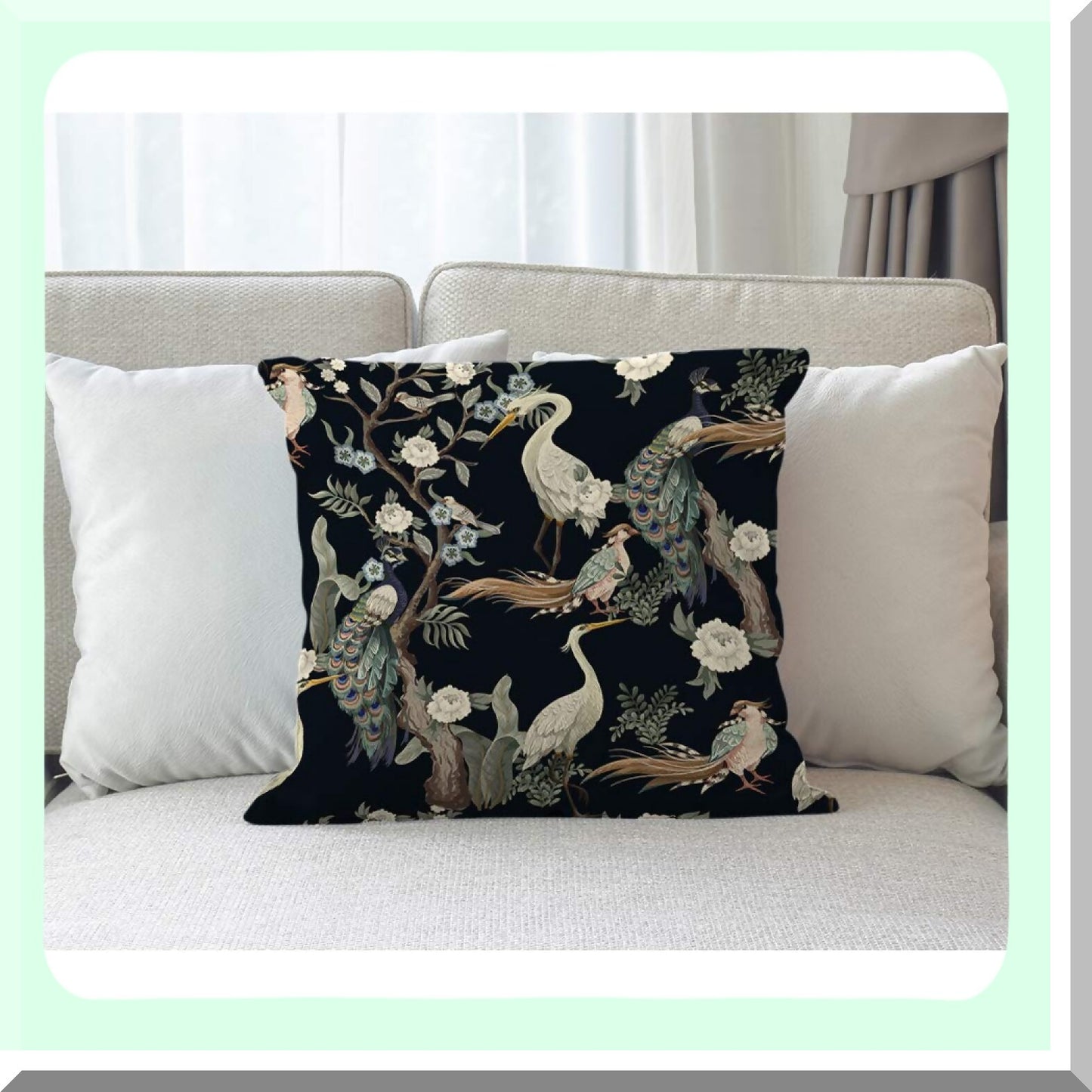 Birds Herons Peacock Flowers Peonies Animal Art Vintage Design Square Pillow Case - Cotton Linen 20x20 Inch - Home Car Decor Cushion Cover