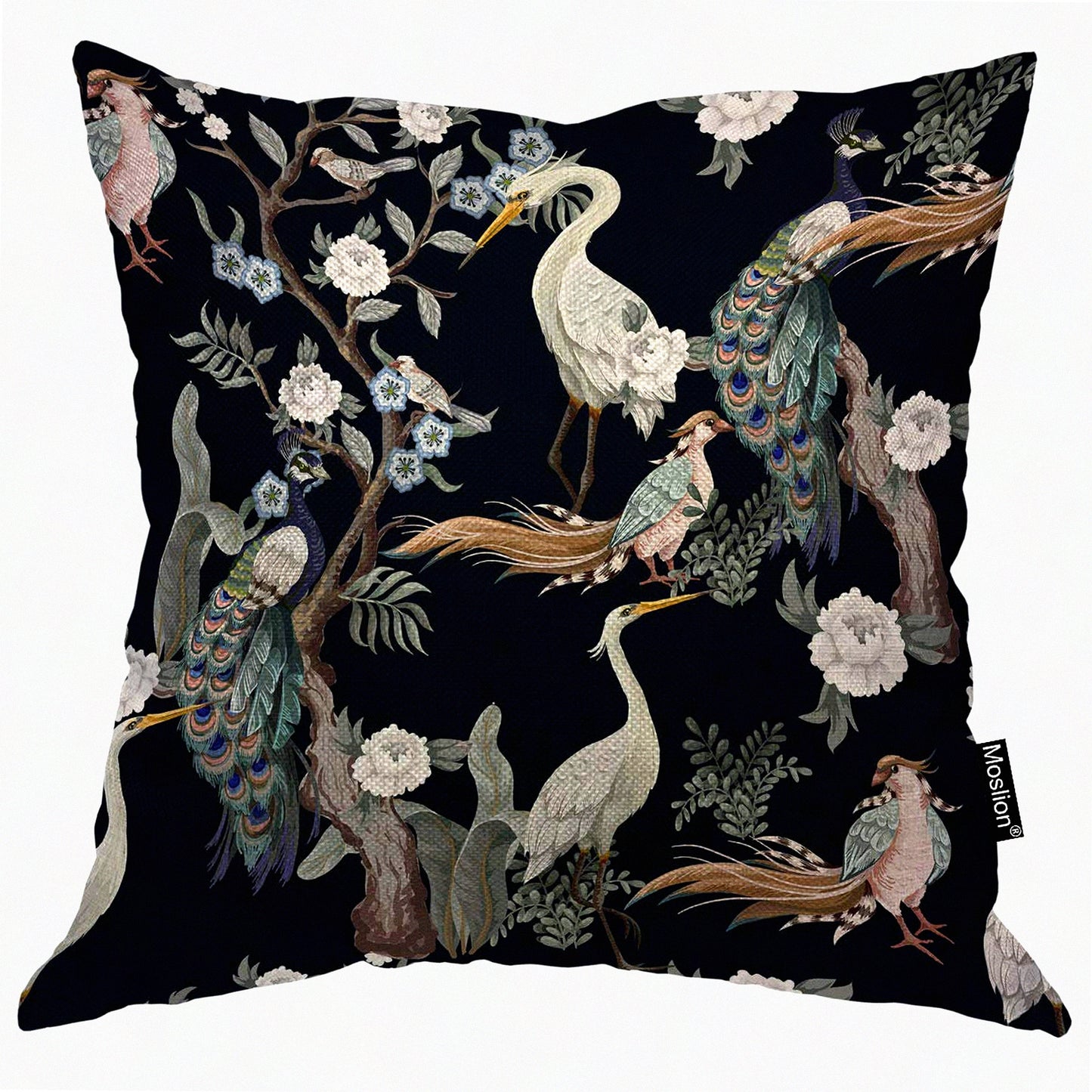Birds Herons Peacock Flowers Peonies Animal Art Vintage Design Square Pillow Case - Cotton Linen 20x20 Inch - Home Car Decor Cushion Cover