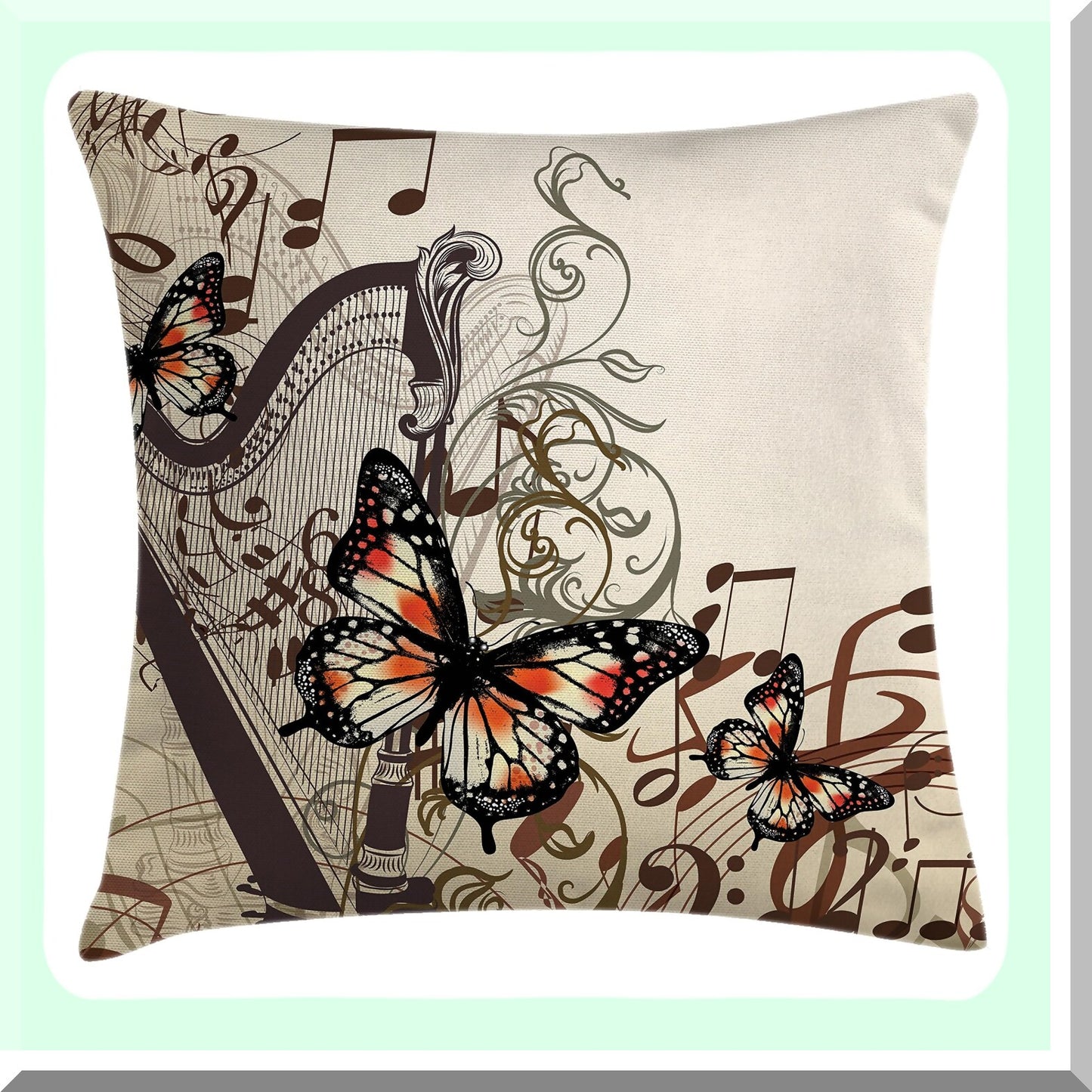 Musical Butterfly Harmony Pillow Cover - Concert Theme Decorative Cushion Case, 20" X 20", Cream Orange Black - Harp Ornament Accent Square