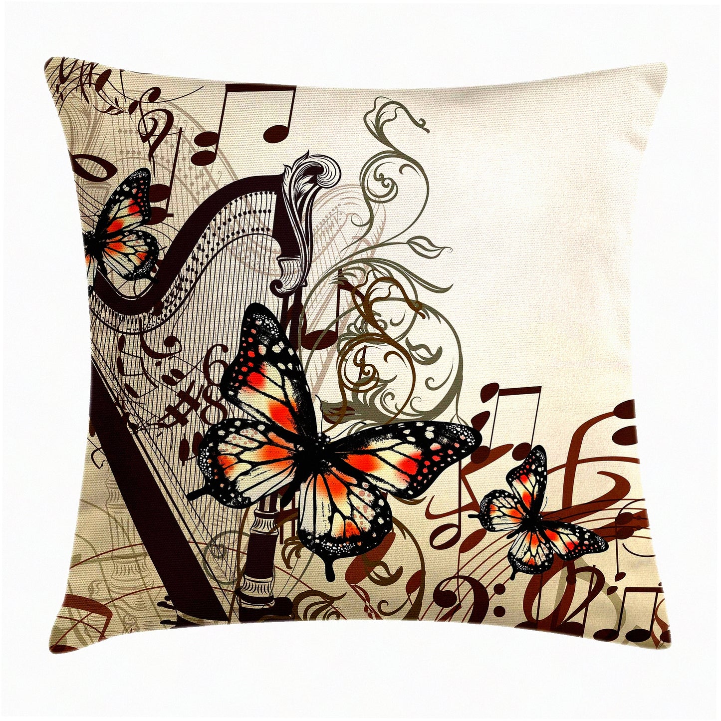 Musical Butterfly Harmony Pillow Cover - Concert Theme Decorative Cushion Case, 20" X 20", Cream Orange Black - Harp Ornament Accent Square