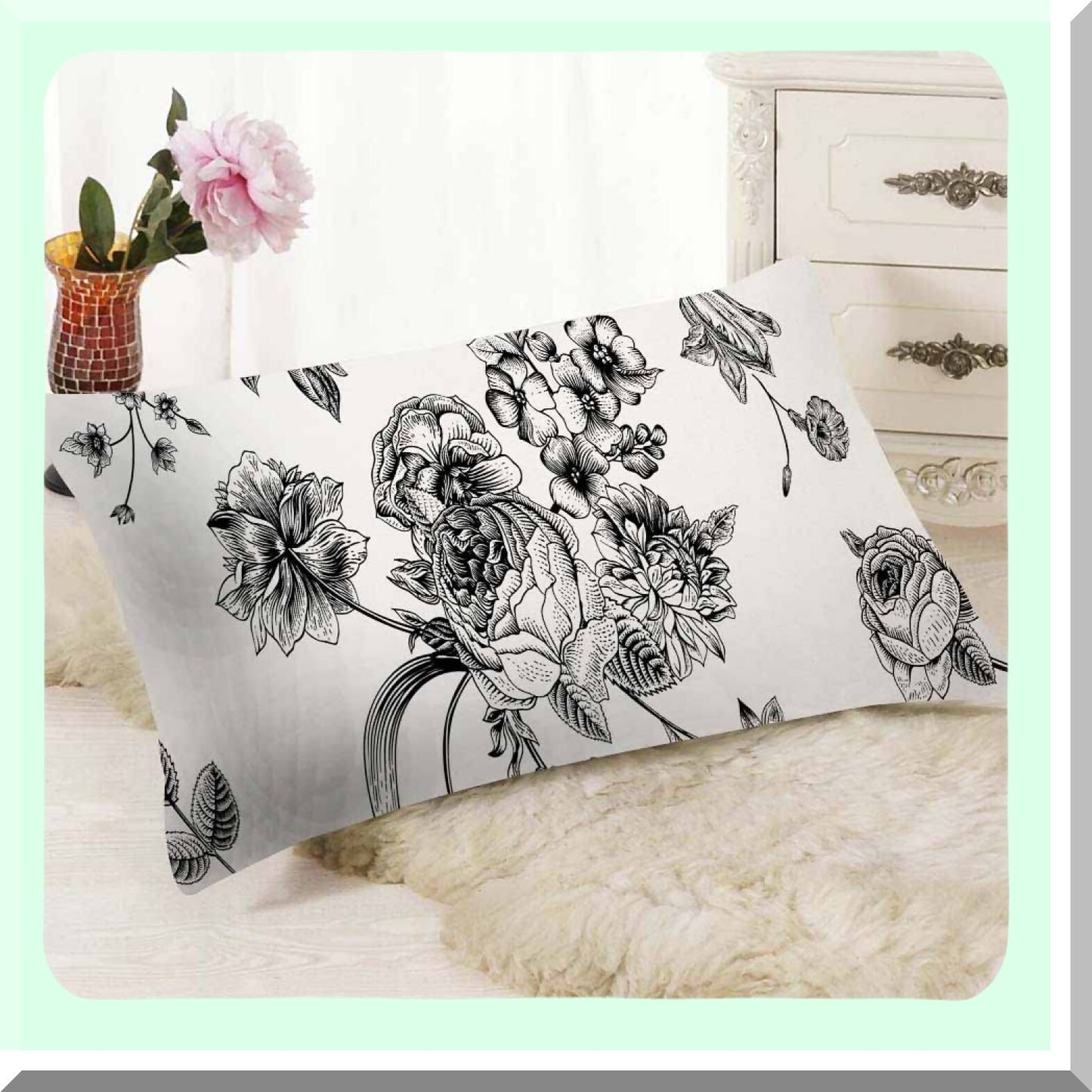 Vintage Floral Garden Bouquet Throw Pillow Cover - Delphinium Petunia Design - 12x20 Inches - Roses Tulips Victorian Style - Decorative Cushion Case