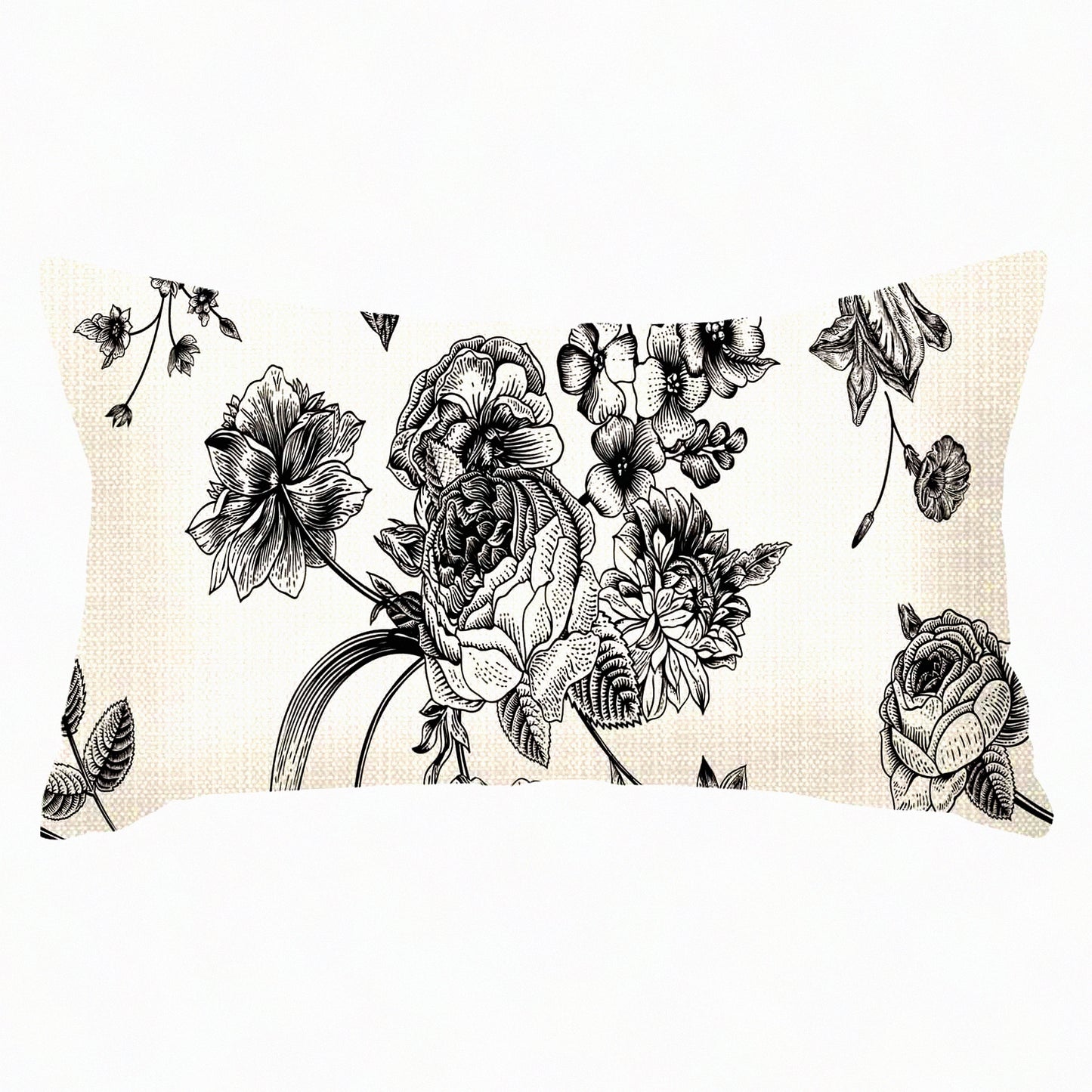 Vintage Floral Garden Bouquet Throw Pillow Cover - Delphinium Petunia Design - 12x20 Inches - Roses Tulips Victorian Style - Decorative Cushion Case