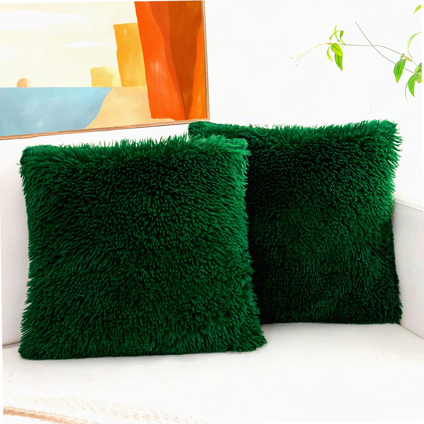 Luxury Emerald Green Plush Pillow Covers - Set of 2 Soft Throw Pillow Covers for Couch & Bed - Decorative Home Decor Pillows for Living Room - 18 x 18 Inch