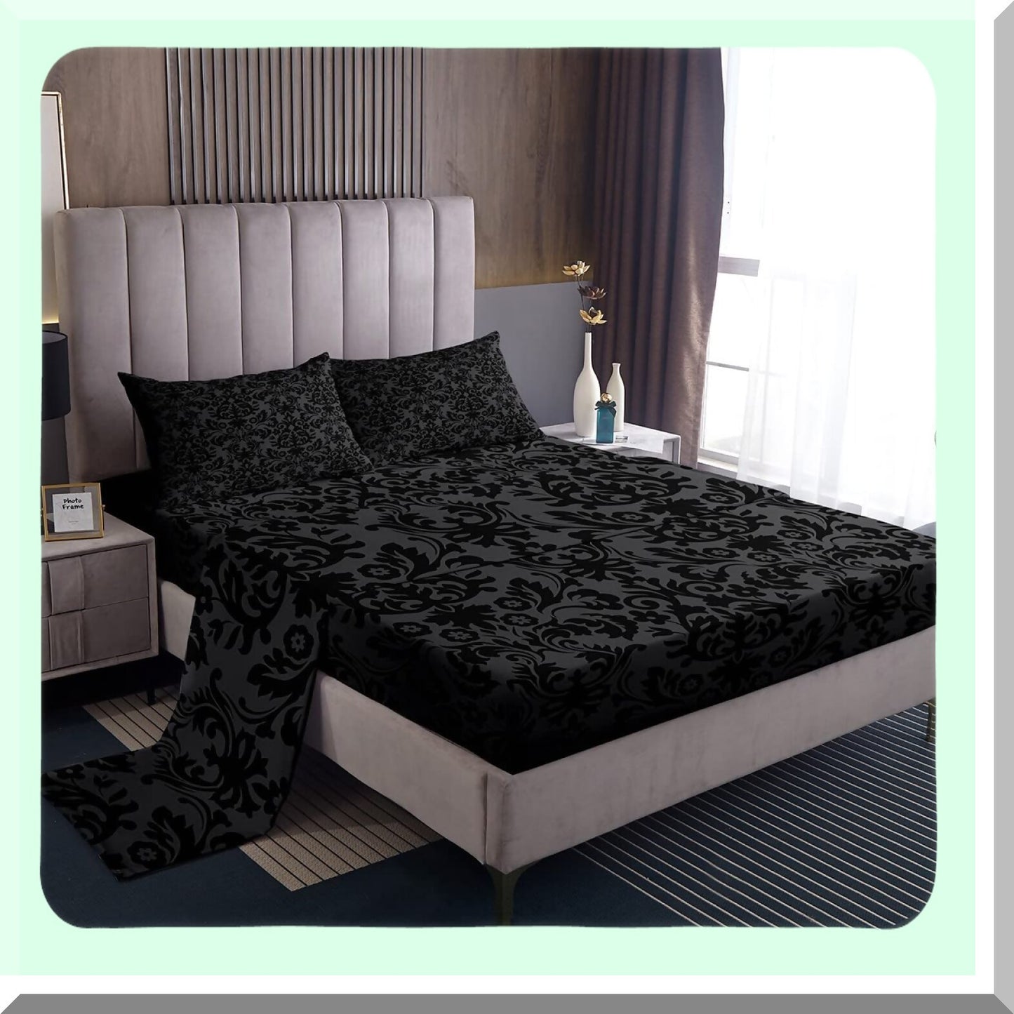 Gothic Baroque Black Damask Bedding Set - Vintage Victorian Floral Sheet Set with Exotic Bohemian Fitted Sheet, Flat Sheet, and 2 Pillow Cases for Adults Bedroom Decor