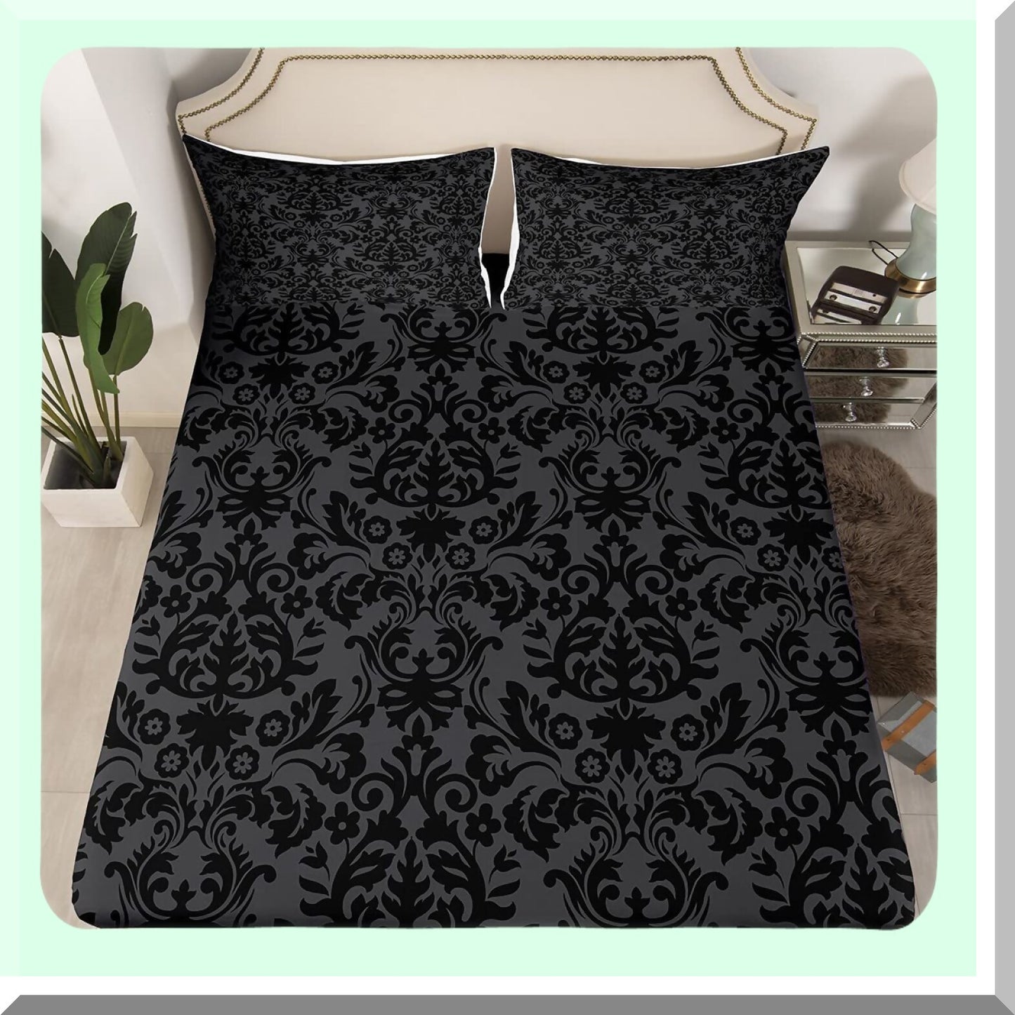 Gothic Baroque Black Damask Bedding Set - Vintage Victorian Floral Sheet Set with Exotic Bohemian Fitted Sheet, Flat Sheet, and 2 Pillow Cases for Adults Bedroom Decor
