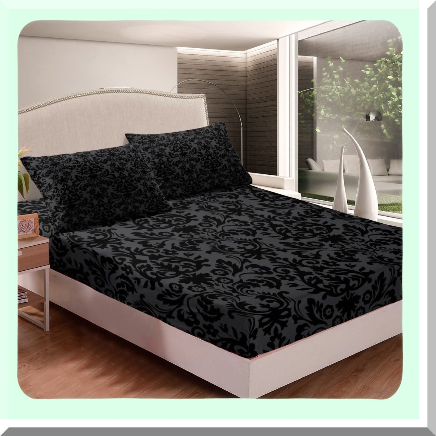 Gothic Baroque Black Damask Bedding Set - Vintage Victorian Floral Sheet Set with Exotic Bohemian Fitted Sheet, Flat Sheet, and 2 Pillow Cases for Adults Bedroom Decor