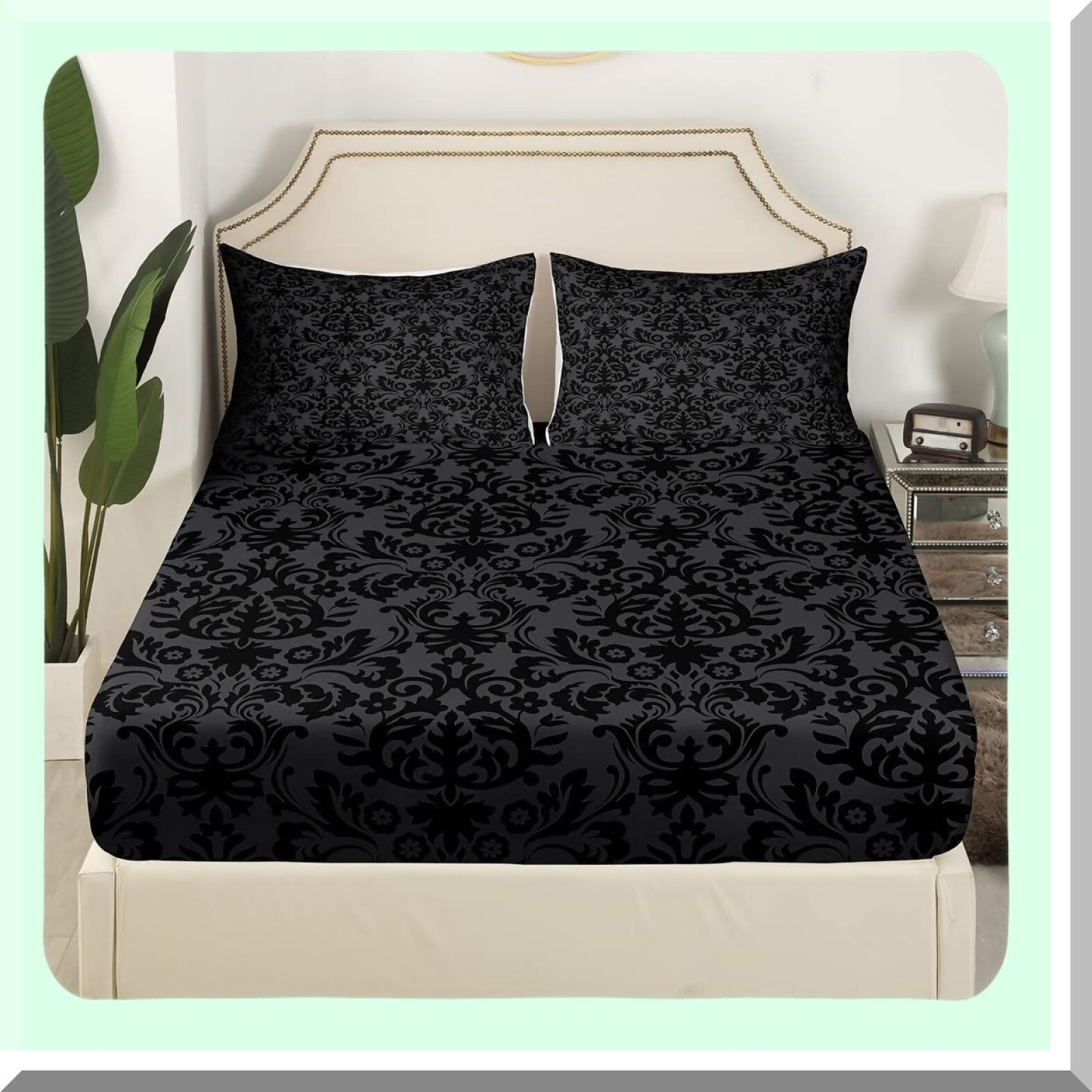 Gothic Baroque Black Damask Bedding Set - Vintage Victorian Floral Sheet Set with Exotic Bohemian Fitted Sheet, Flat Sheet, and 2 Pillow Cases for Adults Bedroom Decor