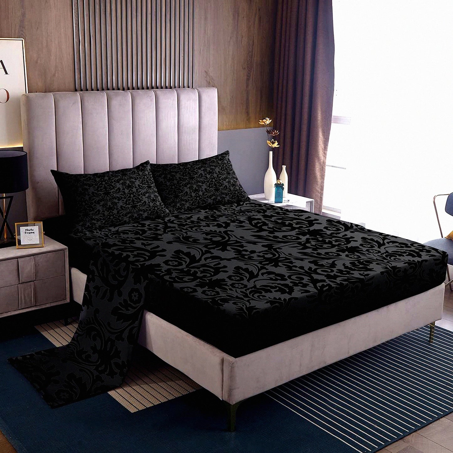 Gothic Baroque Black Damask Bedding Set - Vintage Victorian Floral Sheet Set with Exotic Bohemian Fitted Sheet, Flat Sheet, and 2 Pillow Cases for Adults Bedroom Decor