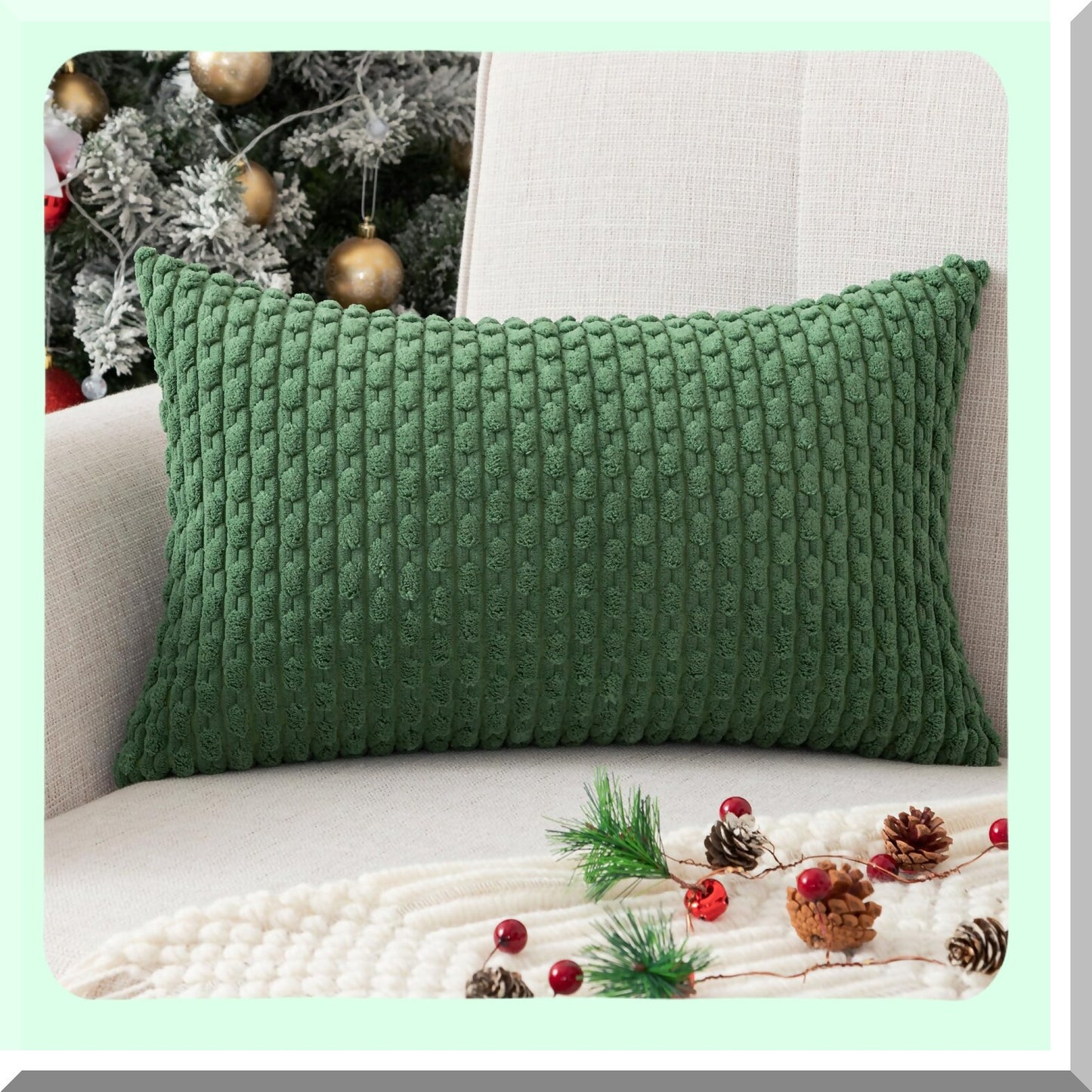Boho Stripe Corduroy Pillow Cover - Dark Green 12x20 Inch Oblong Throw - Modern Home Decor for Sofa, Living Room, Couch, Bed - Soft & Stylish - 1 Piece