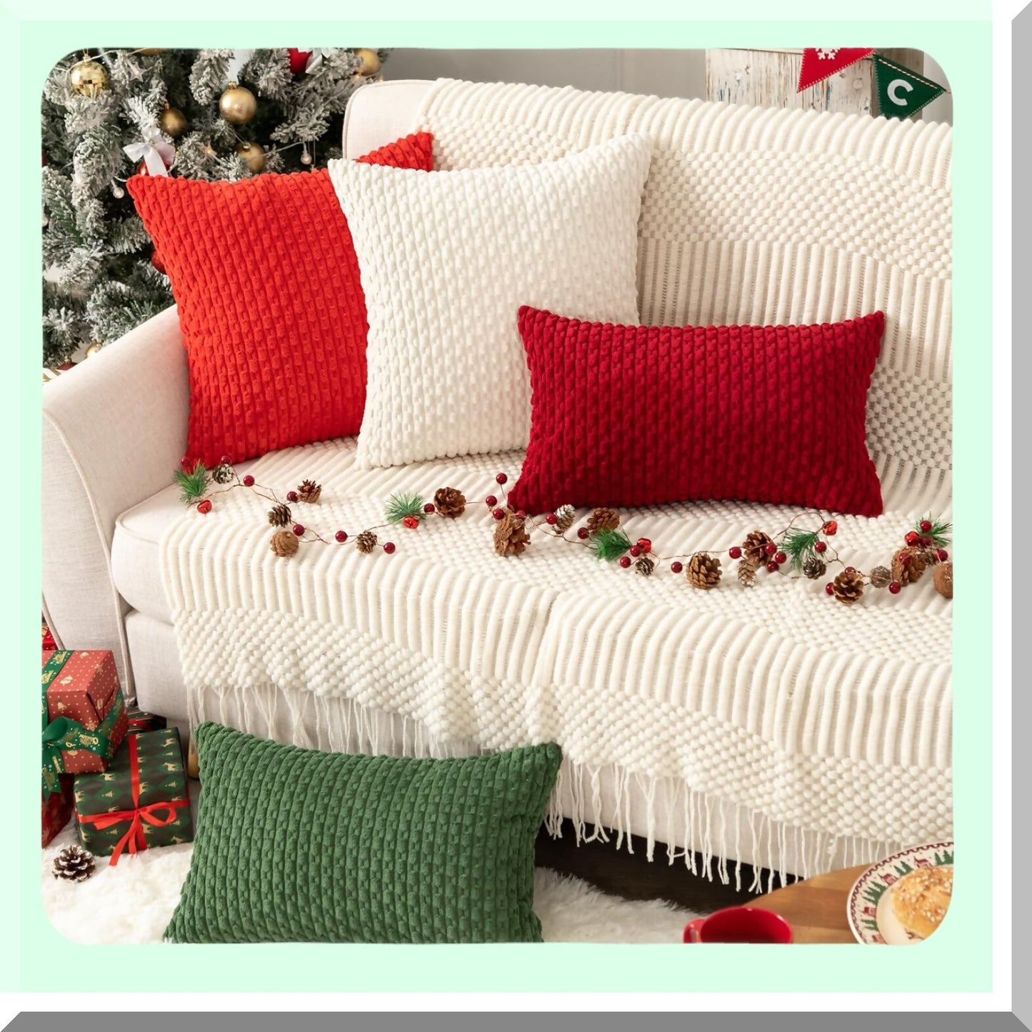 Boho Stripe Corduroy Pillow Cover - Dark Green 12x20 Inch Oblong Throw - Modern Home Decor for Sofa, Living Room, Couch, Bed - Soft & Stylish - 1 Piece