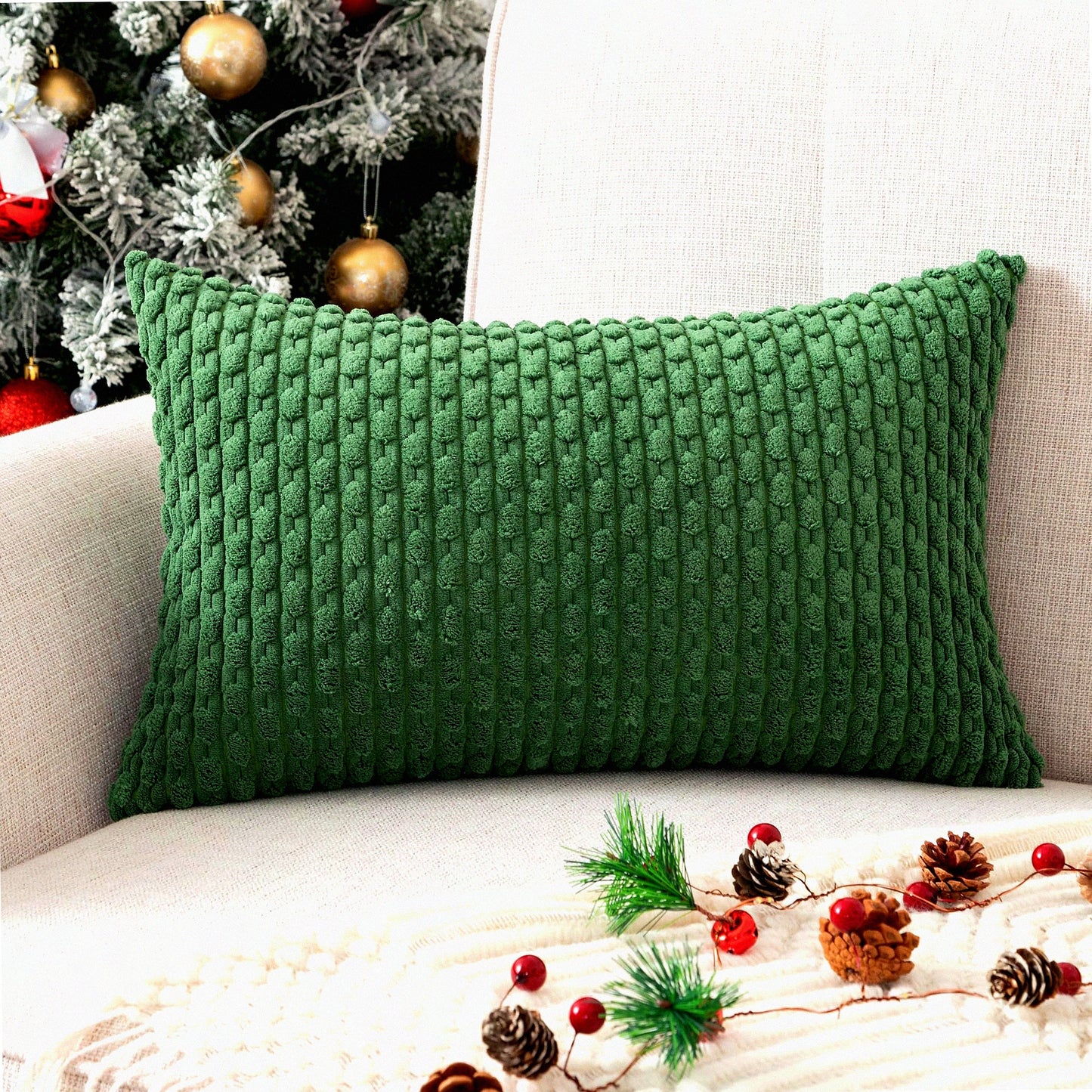 Boho Stripe Corduroy Pillow Cover - Dark Green 12x20 Inch Oblong Throw - Modern Home Decor for Sofa, Living Room, Couch, Bed - Soft & Stylish - 1 Piece