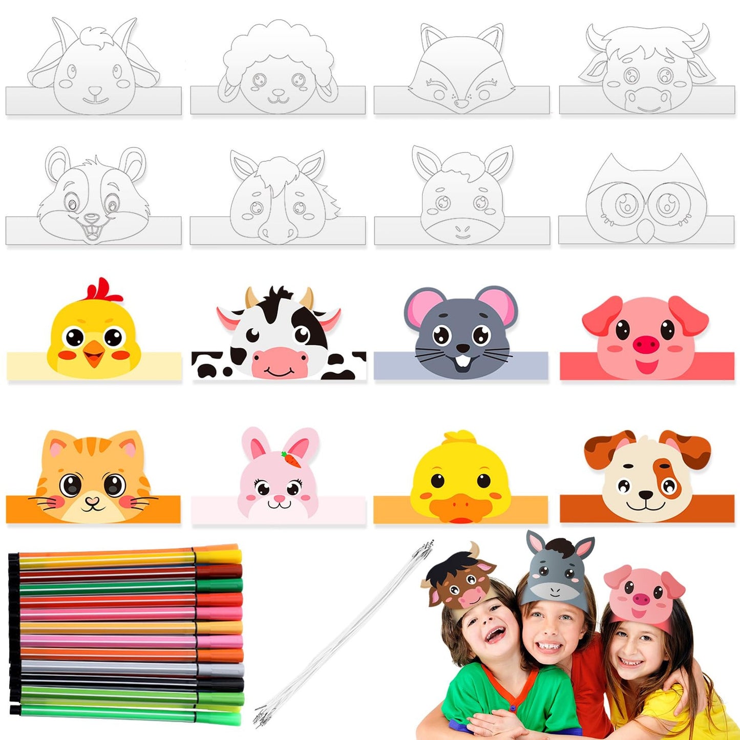 Farm Fun Headband Coloring Kit - 16 Pcs Headbands & 24 Watercolor Pens for Kids DIY Farm Party. Includes Paper Crown Hat for Toddler Barnyard Birthday!