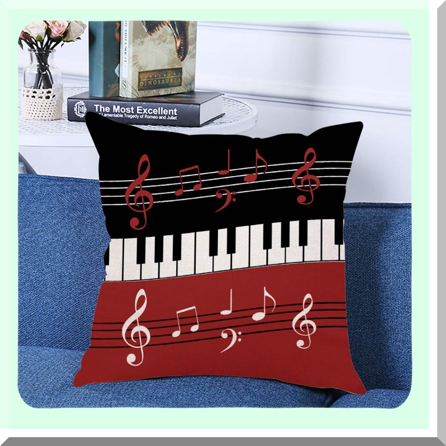 Musical Harmony Pillow Cover - Red Black White Piano Keys & Notes Decorative Cushion Case for Home Couch Living Room Bed Sofa Car 18x18 Inches