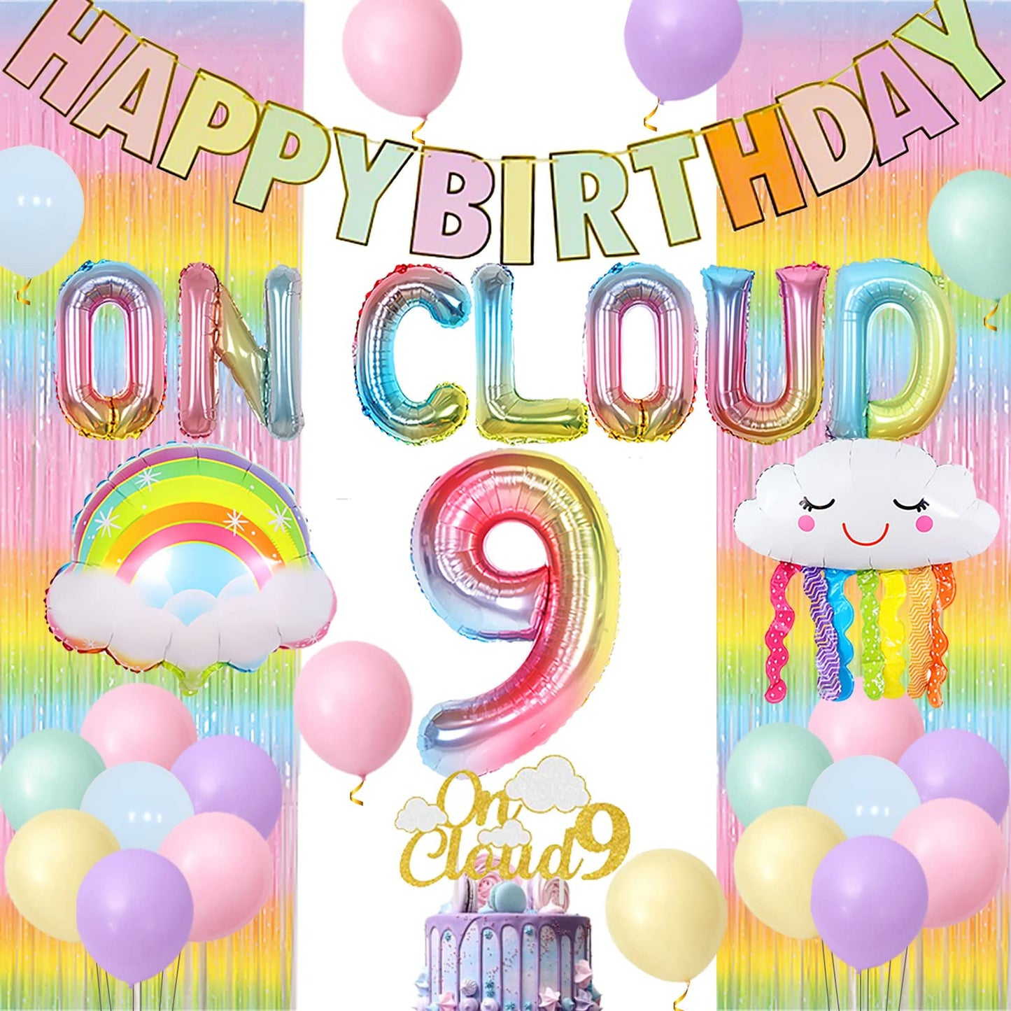 Rainbow Skyline 9th Birthday Party Pack - Includes On Cloud 9 Cake Topper, Balloons, Happy Birthday Banner, and Rain Curtain Decorations for Girls.