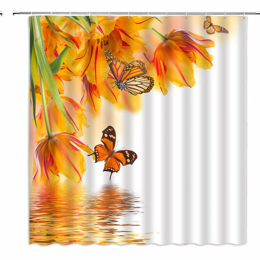 Orange Floral Butterfly Shower Curtain 70x70 inch