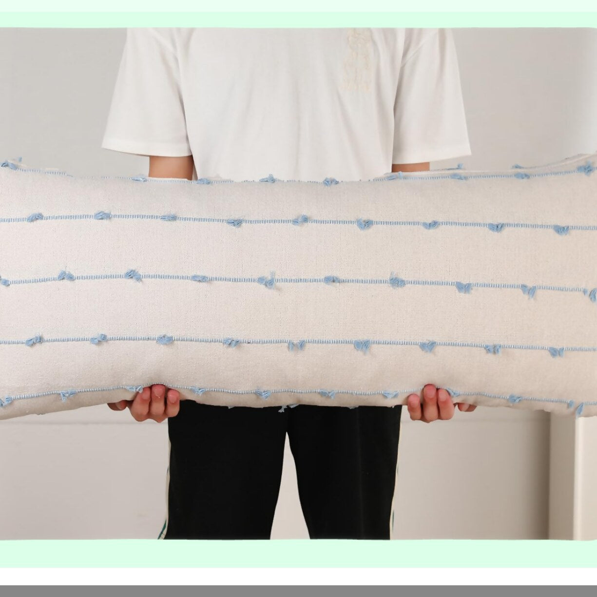 Blue Stripe Boho Lumbar Pillow Cover - 14x36 Inch Extra Long Decorative Cushion Case for Bed Sofa Couch Farmhouse. Skinny Modern Accent Design.