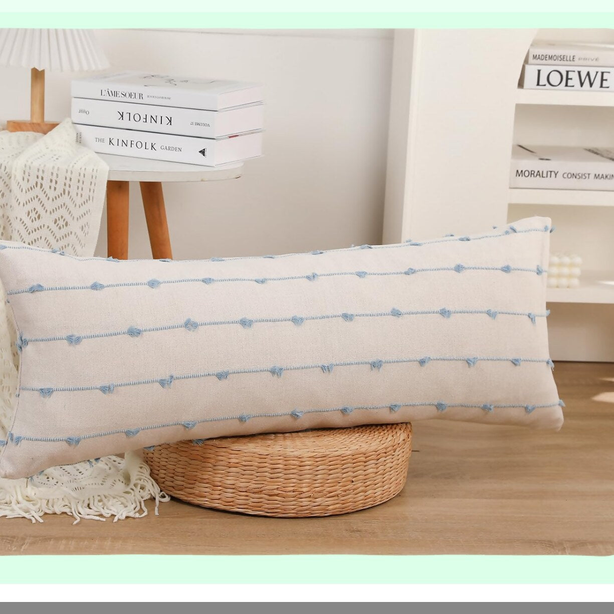 Blue Stripe Boho Lumbar Pillow Cover - 14x36 Inch Extra Long Decorative Cushion Case for Bed Sofa Couch Farmhouse. Skinny Modern Accent Design.