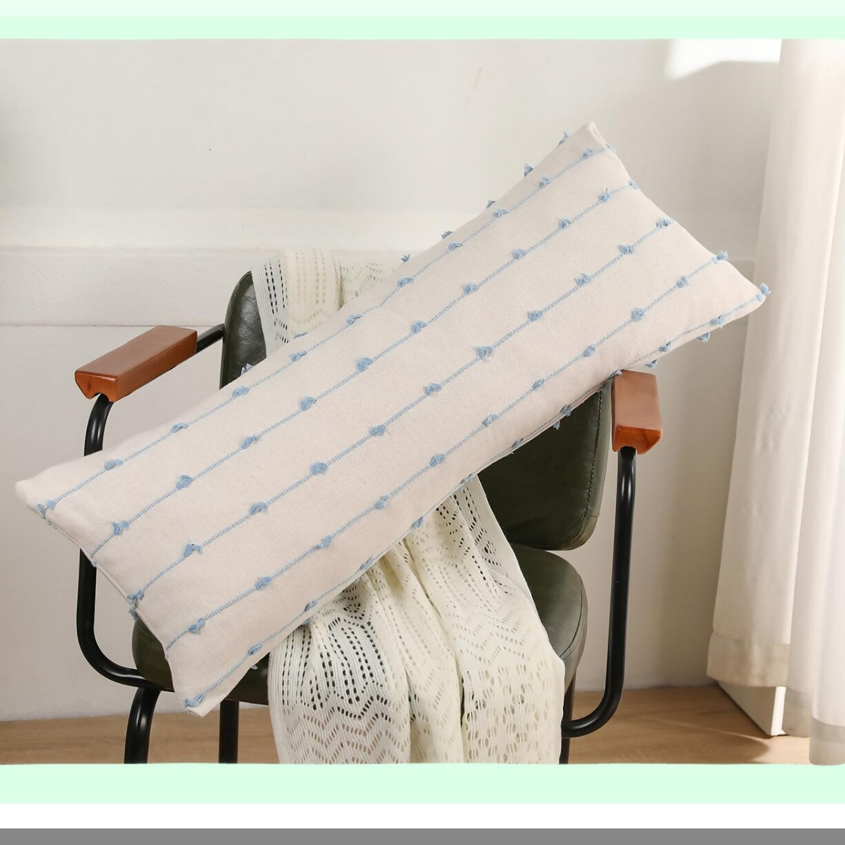 Blue Stripe Boho Lumbar Pillow Cover - 14x36 Inch Extra Long Decorative Cushion Case for Bed Sofa Couch Farmhouse. Skinny Modern Accent Design.