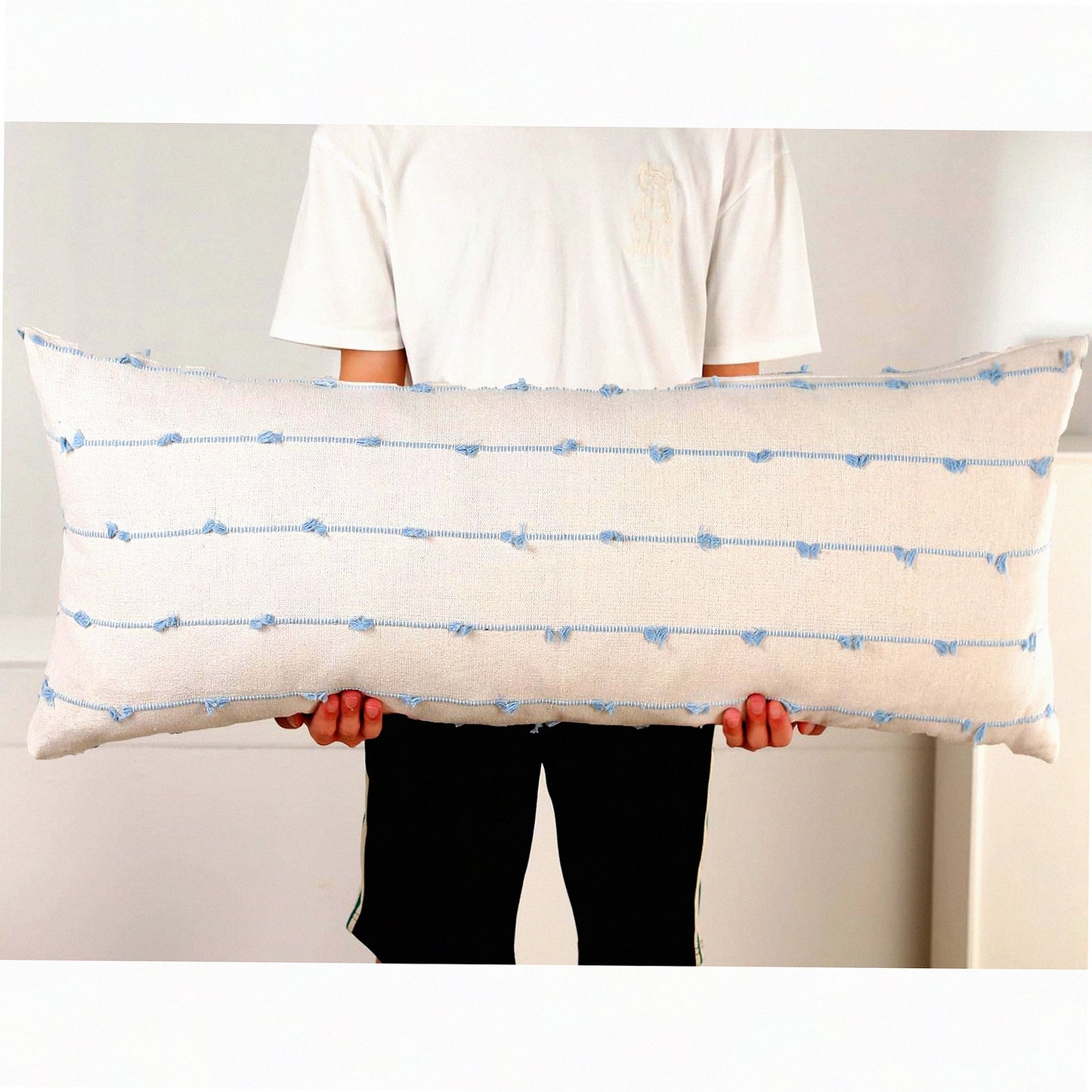 Blue Stripe Boho Lumbar Pillow Cover - 14x36 Inch Extra Long Decorative Cushion Case for Bed Sofa Couch Farmhouse. Skinny Modern Accent Design.