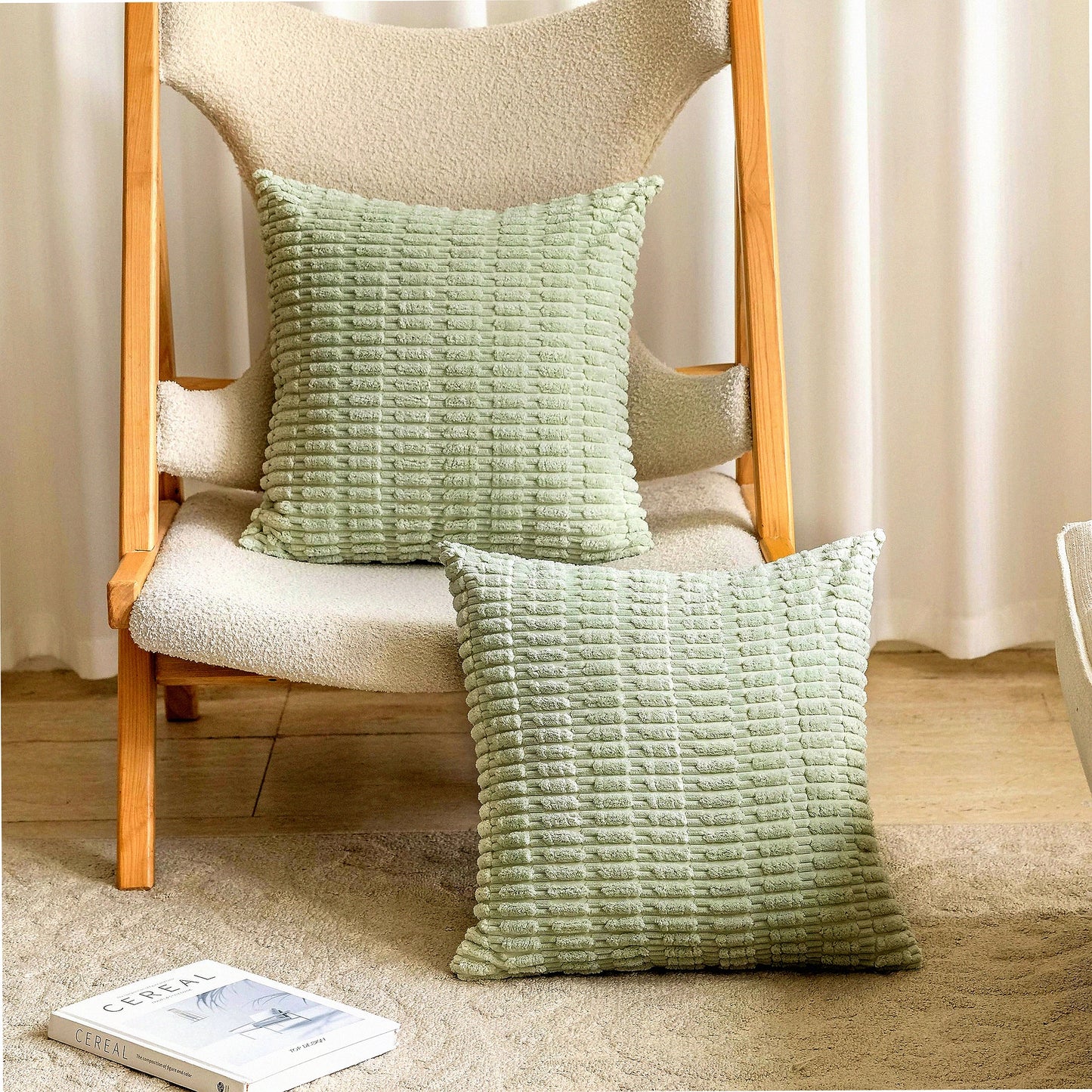 Plush Sage Green Corduroy Pillow Covers - Set of 2 | Soft Throw Pillows for Couch Sofa Bench | Spring Decor St Patrick's Day | 18x18 Inch | Light Green