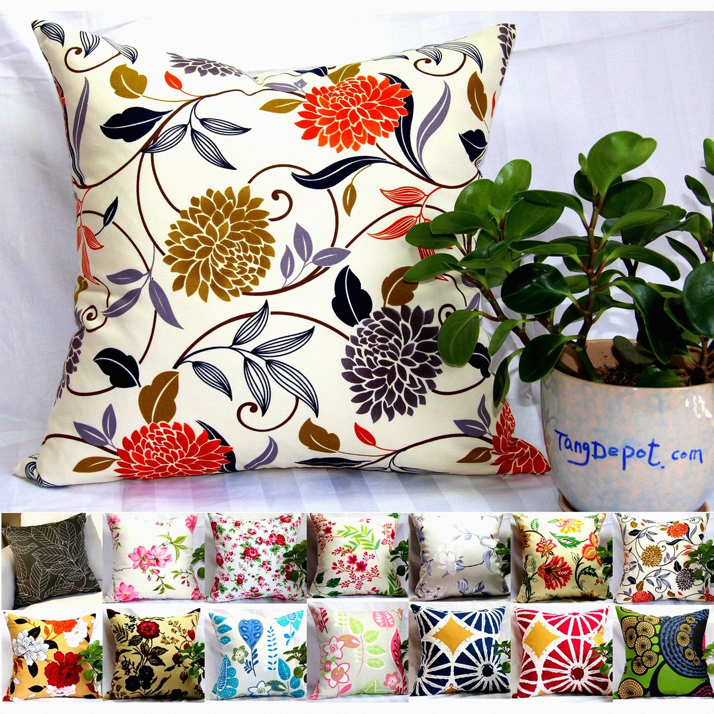 Floral Bliss Cotton Pillow Covers - Set of 2 Decorative Cushion Covers with Chrysanthemum Print, 20"x20" Size, Flower Pattern Throw Pillow Cases