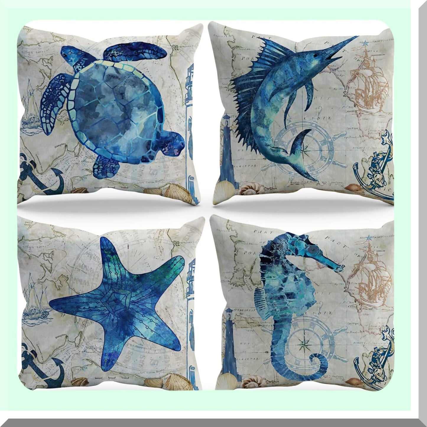 Sea Life Nautical Throw Pillow Cover Set - Turtle Shark Starfish Seahorse Farmhouse Decor 18x18 Inch - Beach House Sofa Bed Couch Gift for Sea Lovers