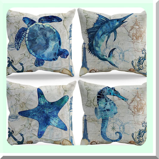 Sea Life Nautical Throw Pillow Cover Set 18x18 Inch