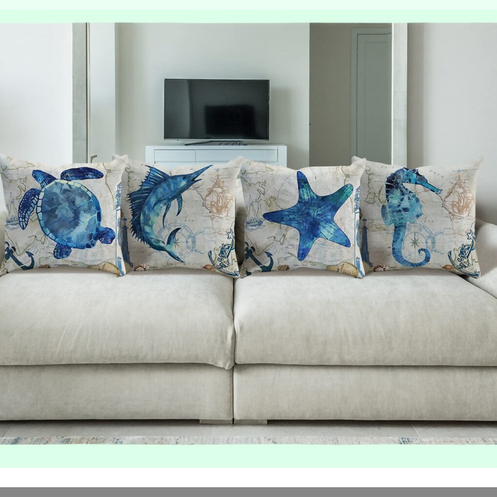 Sea Life Nautical Throw Pillow Cover Set - Turtle Shark Starfish Seahorse Farmhouse Decor 18x18 Inch - Beach House Sofa Bed Couch Gift for Sea Lovers