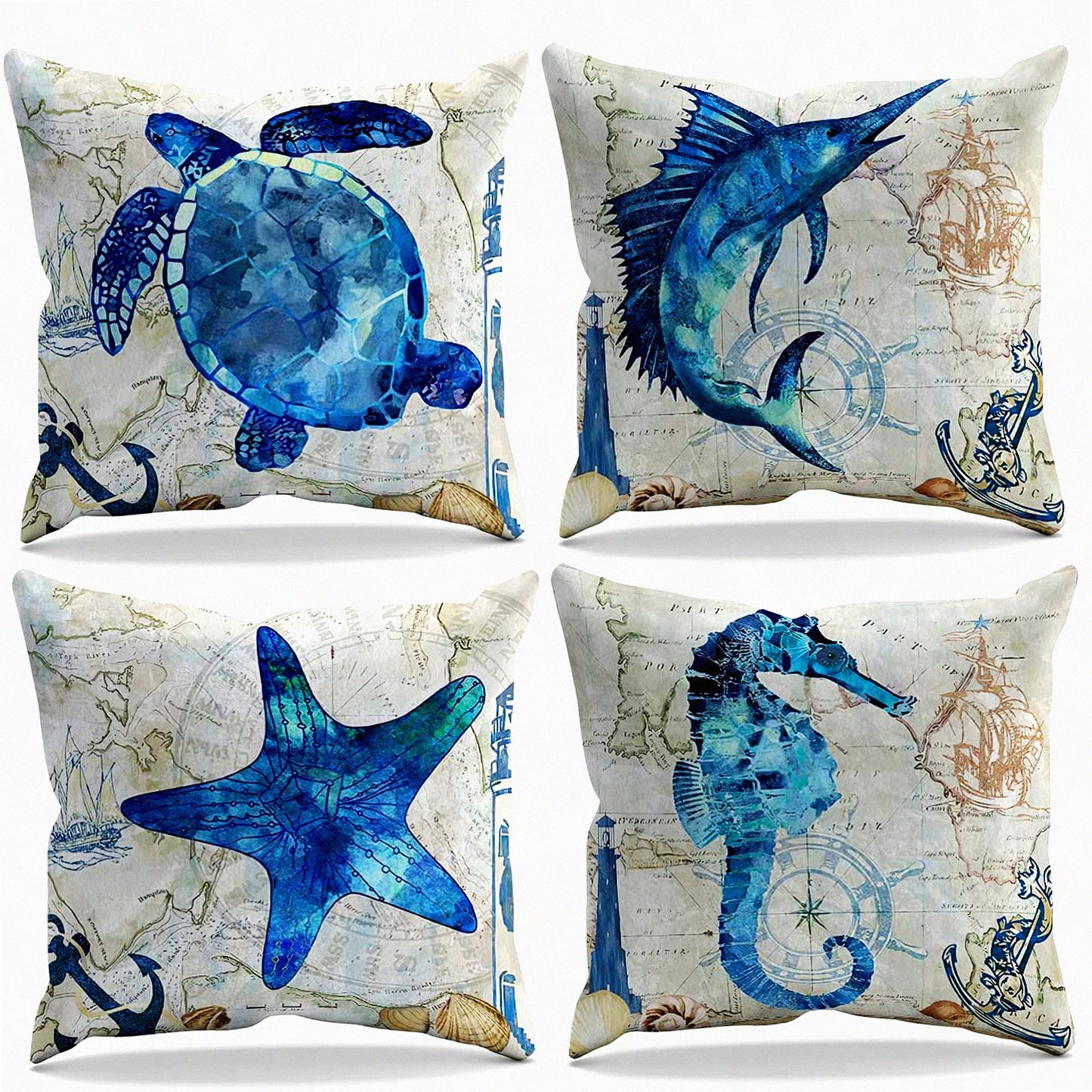 Sea Life Nautical Throw Pillow Cover Set - Turtle Shark Starfish Seahorse Farmhouse Decor 18x18 Inch - Beach House Sofa Bed Couch Gift for Sea Lovers