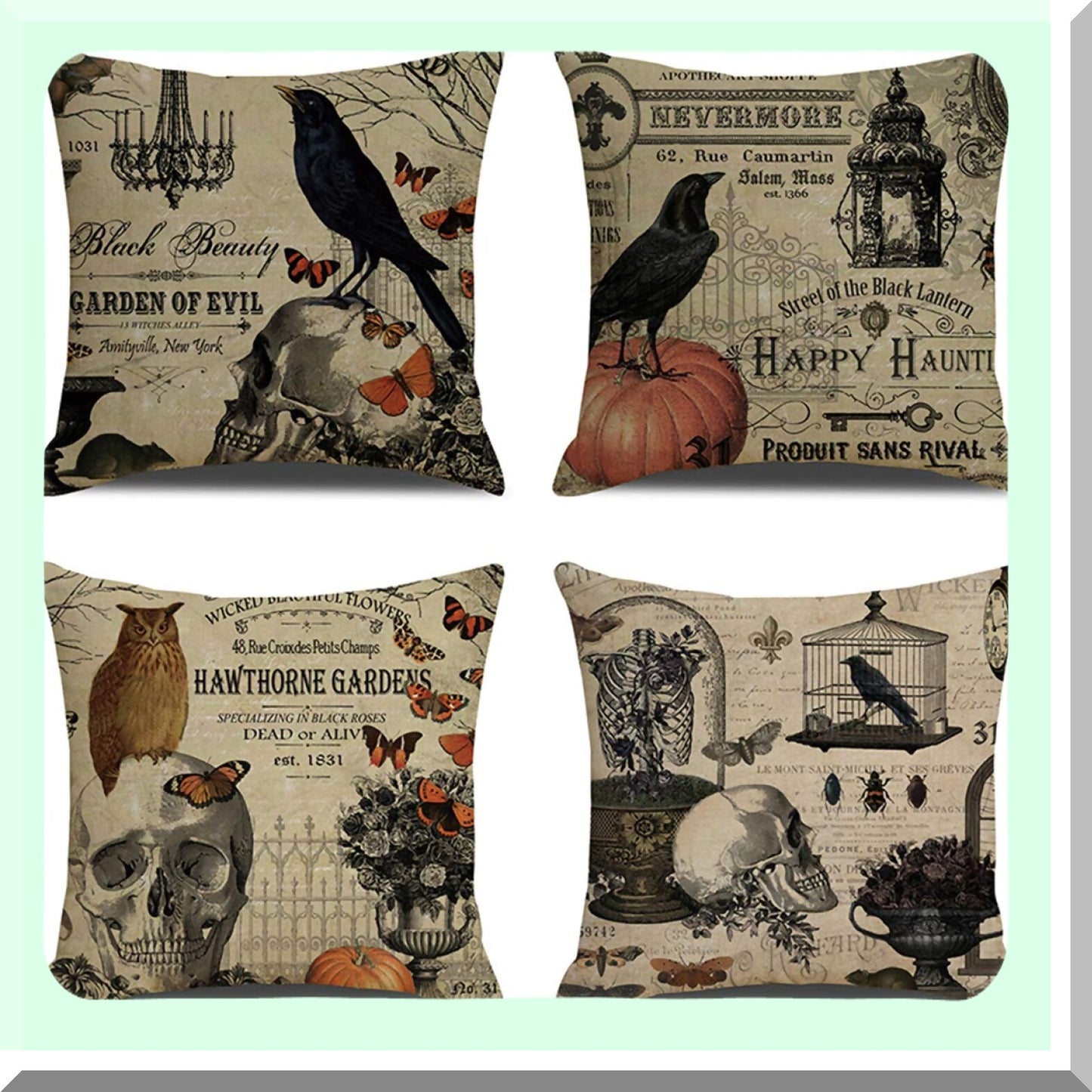 Vintage Owl Crow Pumpkin Skull Velvet Throw Pillow Covers - Set of 4 - 18 x 18 - Couch Cushion Decorations