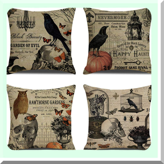 Set of 4 Velvet Pillow Covers with Owl Crow Pumpkin Skull Design