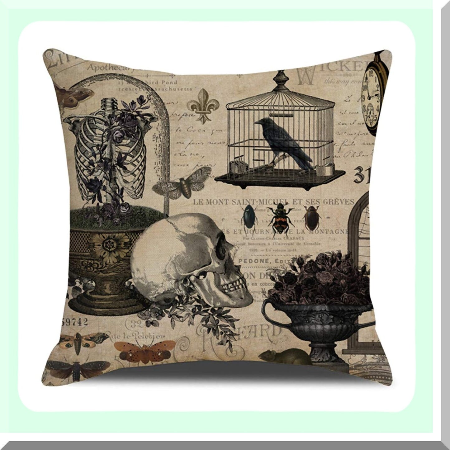 Vintage Owl Crow Pumpkin Skull Velvet Throw Pillow Covers - Set of 4 - 18 x 18 - Couch Cushion Decorations