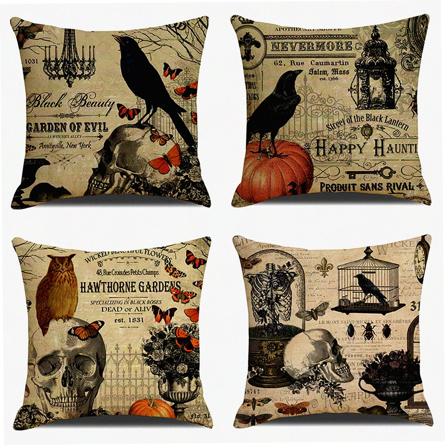 Vintage Owl Crow Pumpkin Skull Velvet Throw Pillow Covers - Set of 4 - 18 x 18 - Couch Cushion Decorations