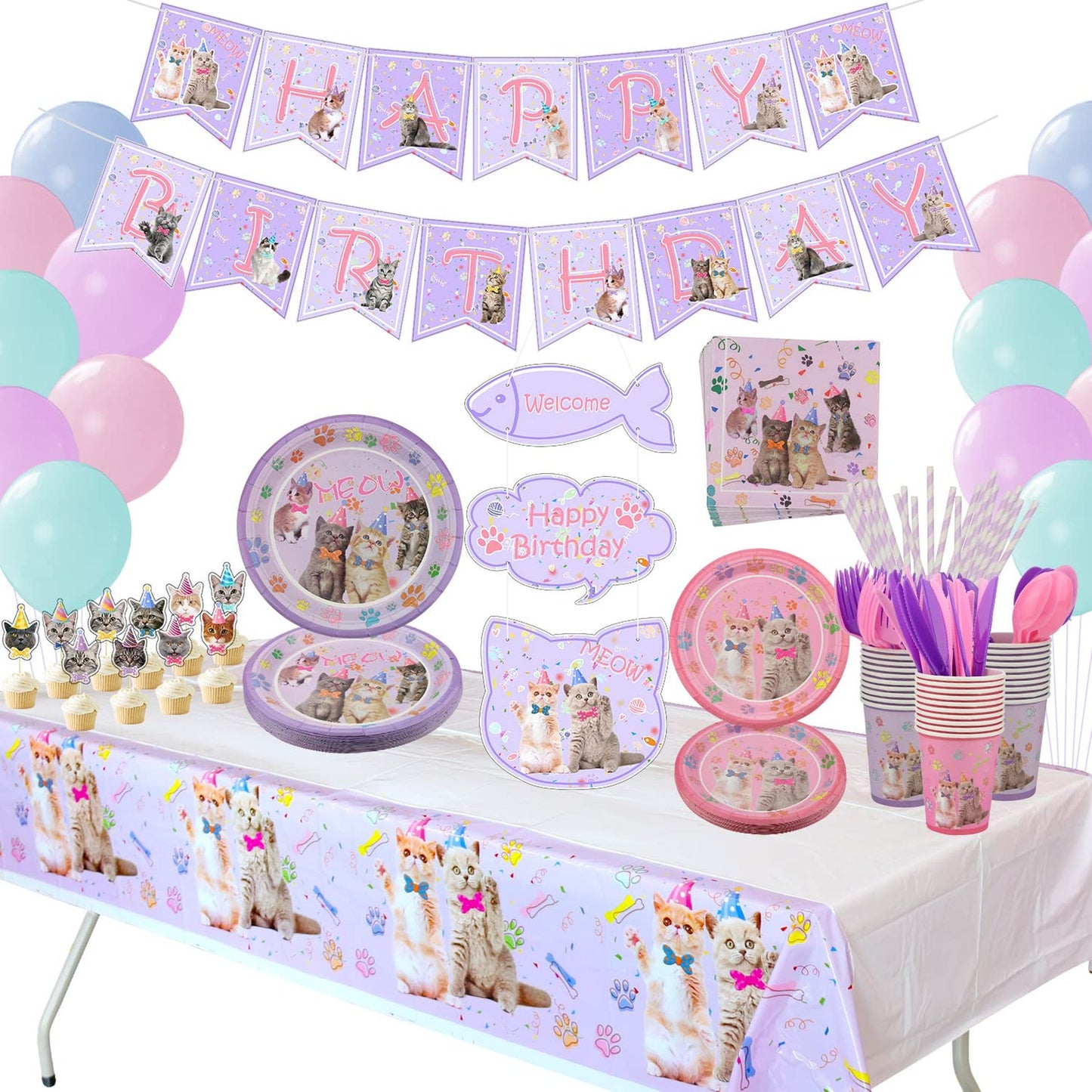Cat Birthday Party Supplies Set for 20 Guests