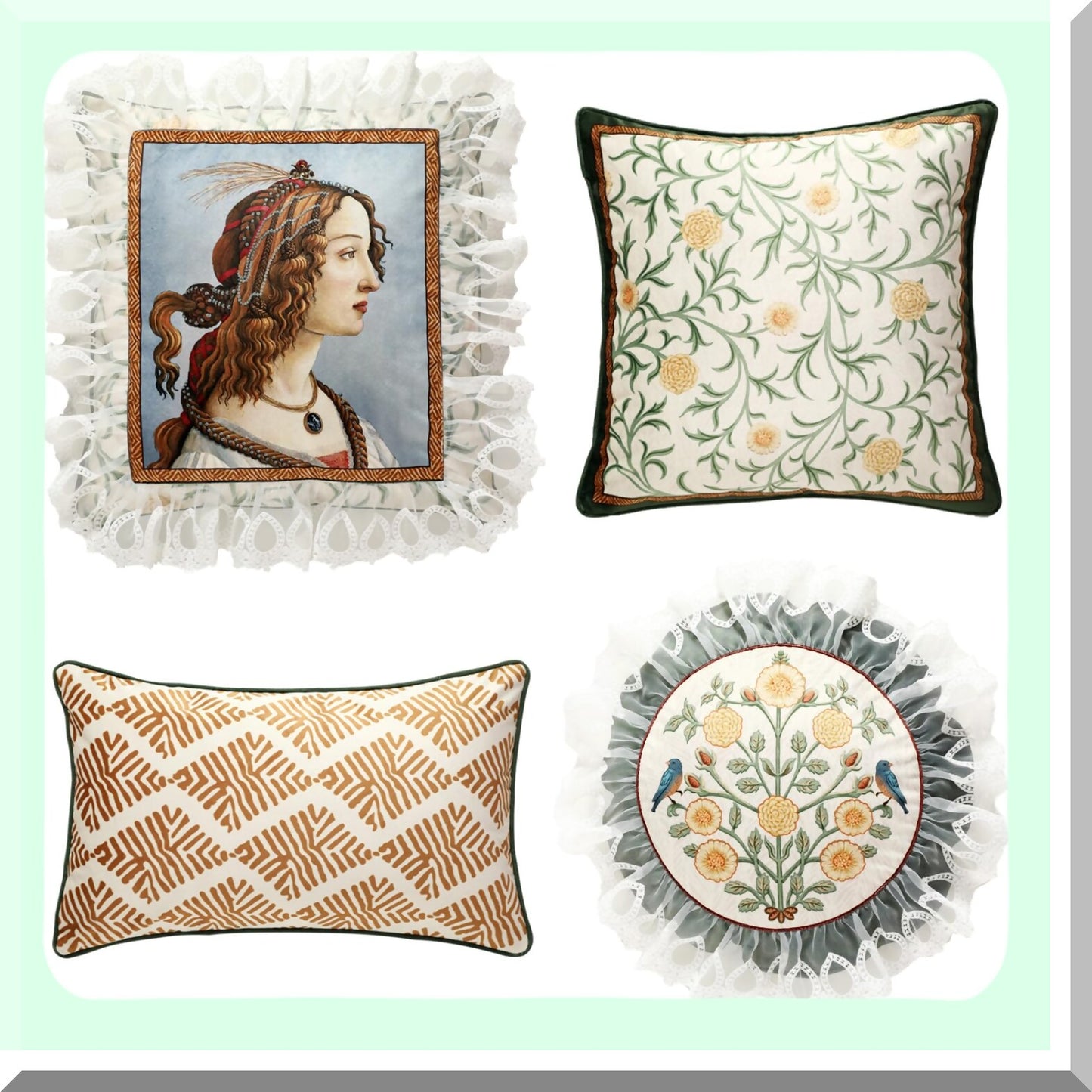Vintage Velvet Bird Floral Throw Pillow Set - Luxury Designer Cushion Covers for Farmhouse Decor in Living Room or Bedroom - Set of 4