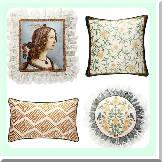 Set of 4 Velvet Bird Floral Throw Pillows for Farmhouse Decor