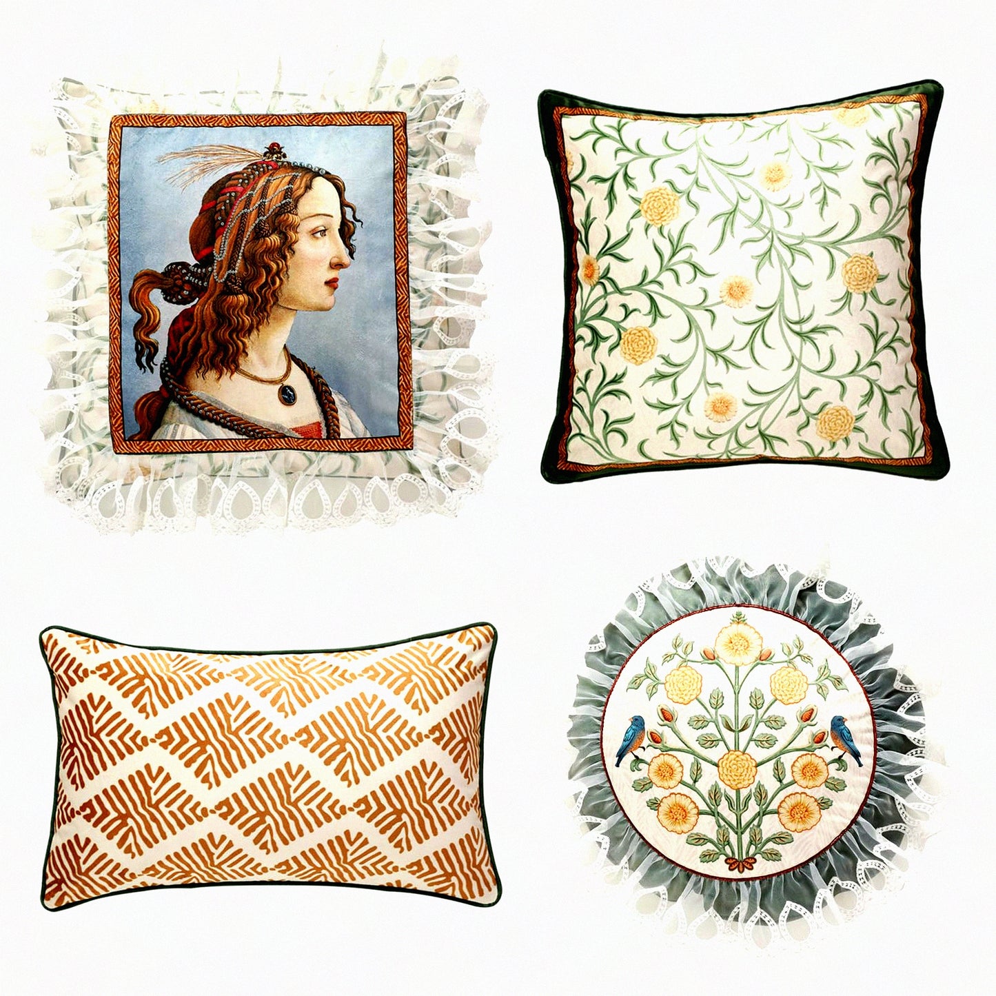 Vintage Velvet Bird Floral Throw Pillow Set - Luxury Designer Cushion Covers for Farmhouse Decor in Living Room or Bedroom - Set of 4