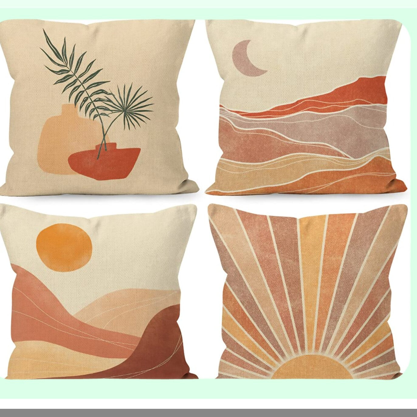 Desert Dream Boho Pillow Set - Sun Mountain Landscape Linen Throw Pillows for Bed & Bedroom Decor - 18 x 18 Inch, Set of 4